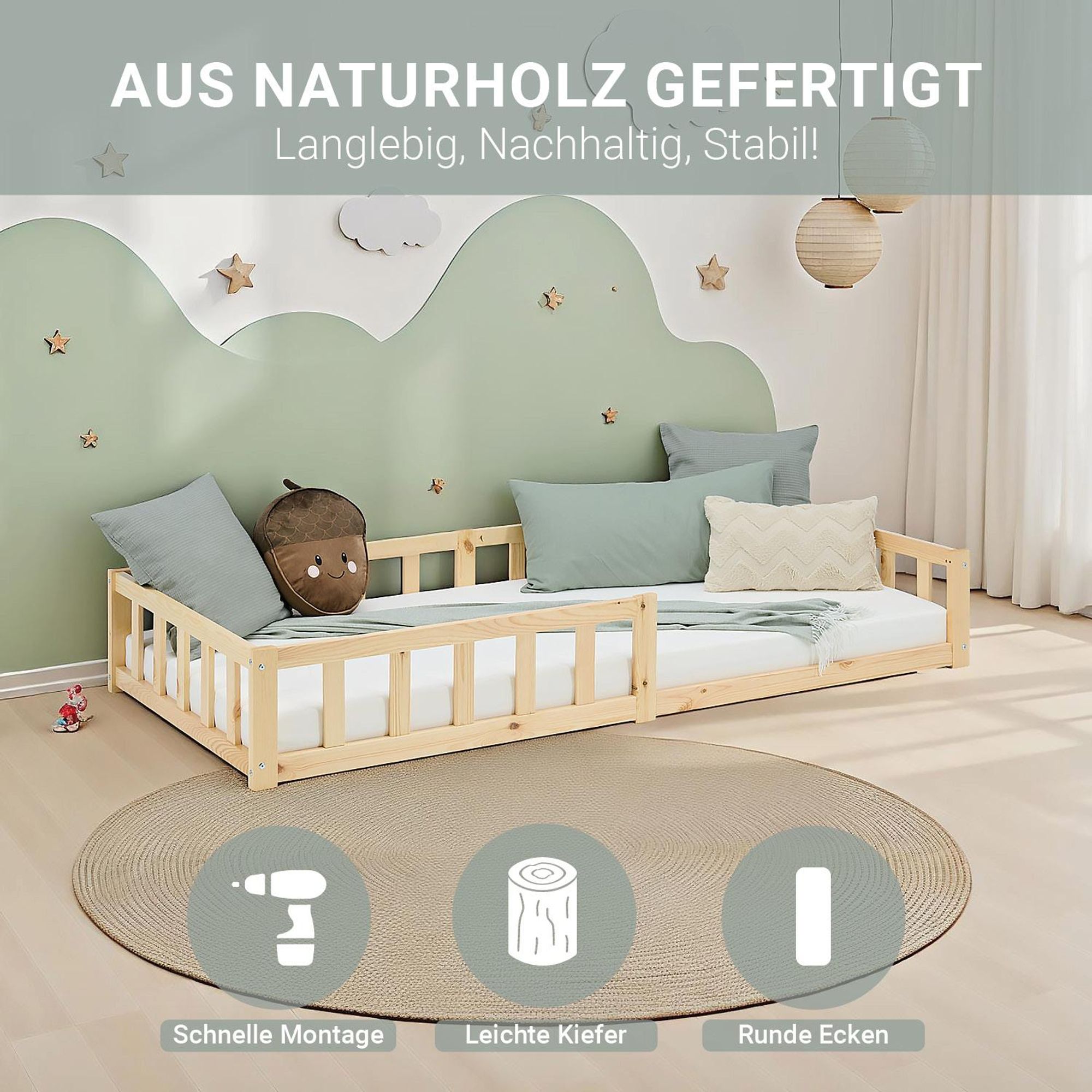 kinderfreundliches Bett, bodennah mit Rausfallschutz, Lattenrost und Matratze