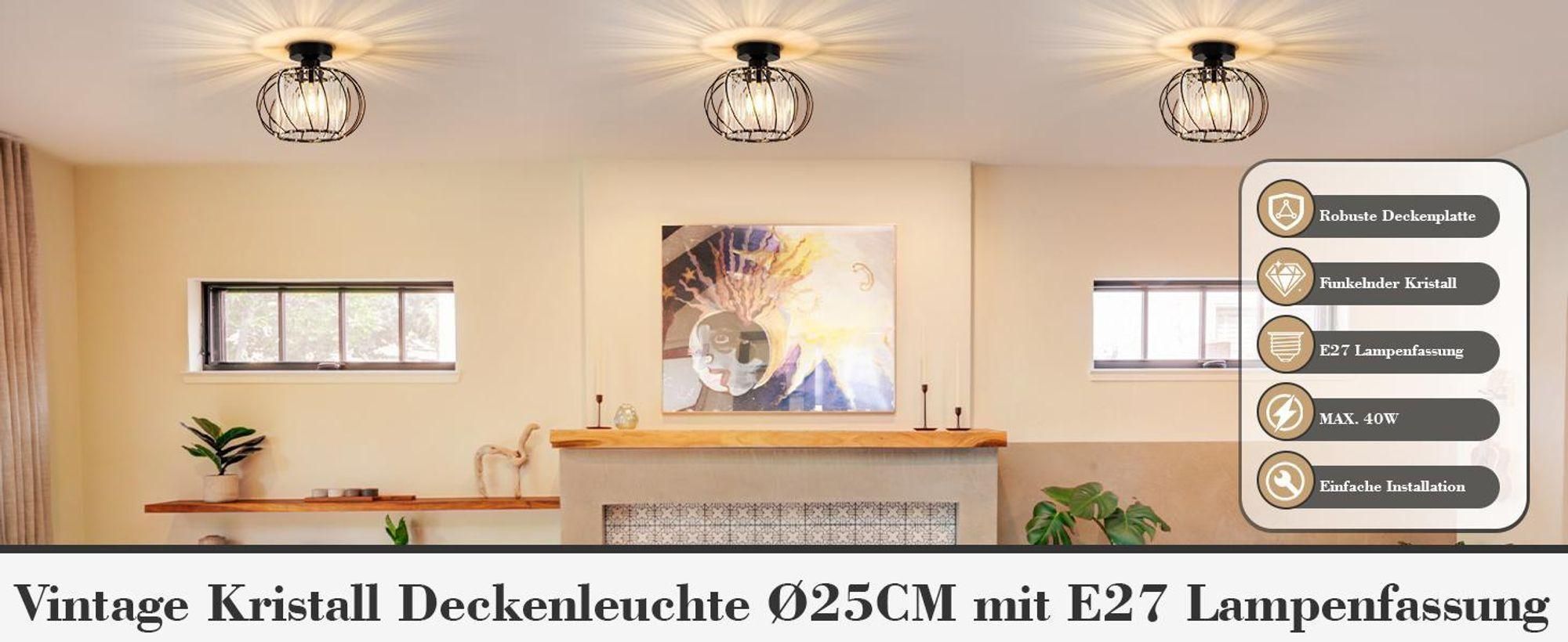 ZMH Deckenleuchte Kristall Deckenlampe 25cm Flur Flurlampe Deck Küchenlampe E27 Metall Schwarz Innen Deckenbeleuchtung für Küche Wohnzimmer Hotel