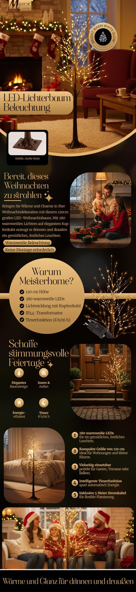 Meisterhome® LED Baum Lichterbaum Lichterzweige Baumbeleuchtung – 120 cm mit 280 LEDs – Warmweiß – Mit Timer (8h an/16h aus) – Weihnachtsbaum Innen & Außen – Festliche Beleuchtung [+++]