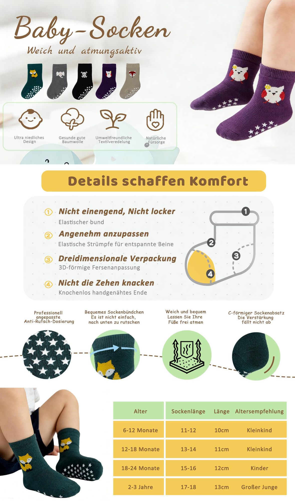 YALION 9 Paar Kinder Antirutschsocken Jungen Mädchen Baumwolle Babysocken Haussocken Thermosocken,Schweiß  Atmungsaktiv und Elastisch (18-24 Monate)