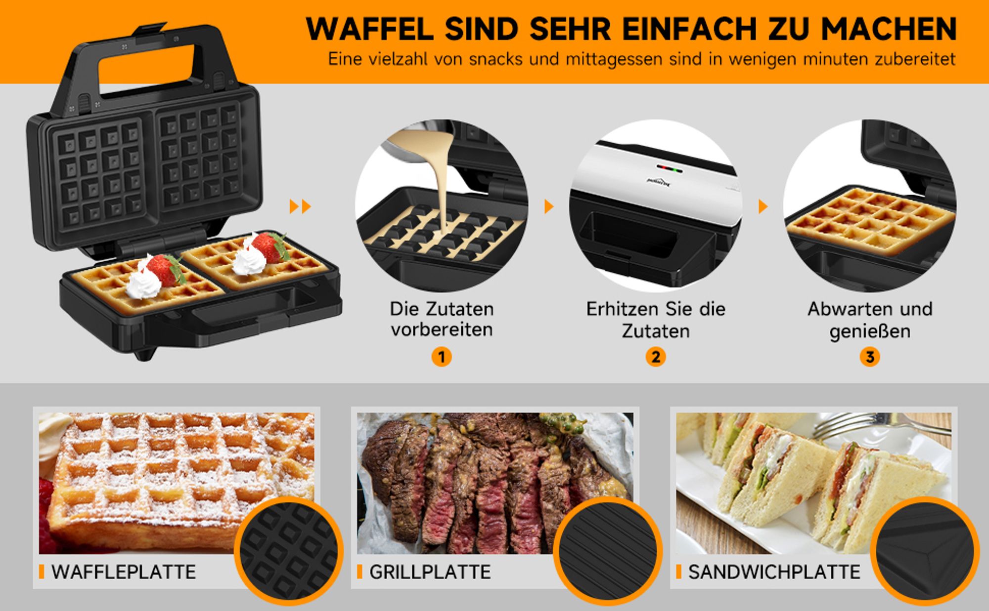 HOMELUX 3-in-1 Sandwichmaker 1000W Waffeln Paninitoaster Grillplatten | Antihaftbeschichtung | Cool-Touch-Griffe | Waffeleisen Kontaktgrill