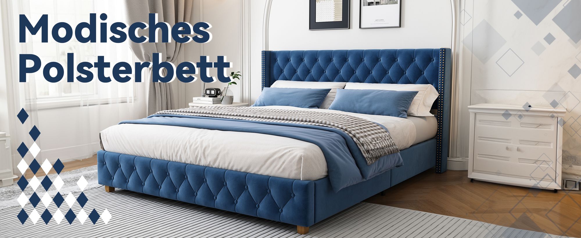 okwish Polsterbett Doppelbett 160×200cm mit Lattenrost und Kopfteil, Knopfpolsterung, Nietenpolsterung, Samt,Blau,Ohne Matratze