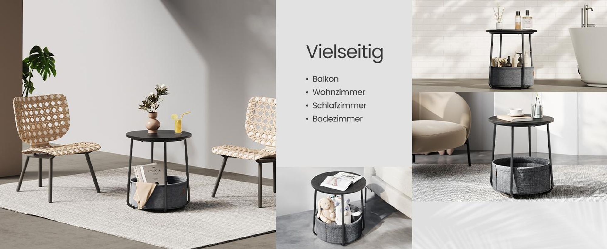 VASAGLE Beistelltisch, rund, mit Korb, Ø45 cm, Ebenholzschwarz-Schiefergrau