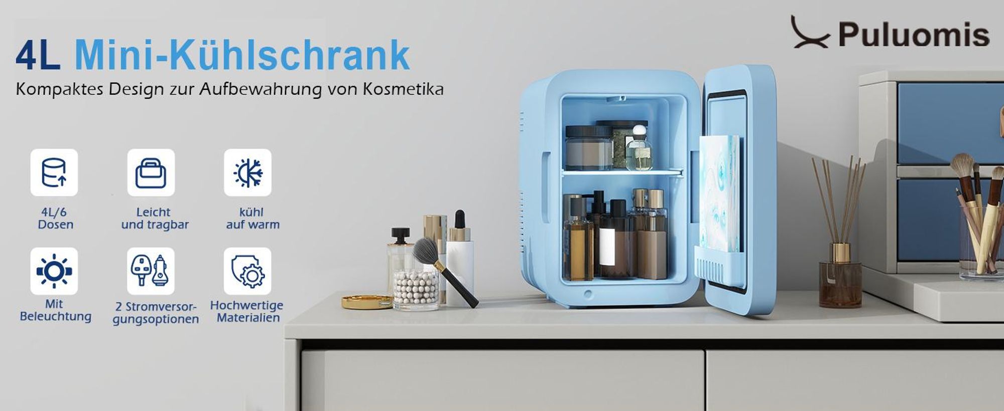 Puluomis Mini Kühlschrank 4L mit LED Spiegel tragbar für Kosmetik, Kühlbox Warmbox blau