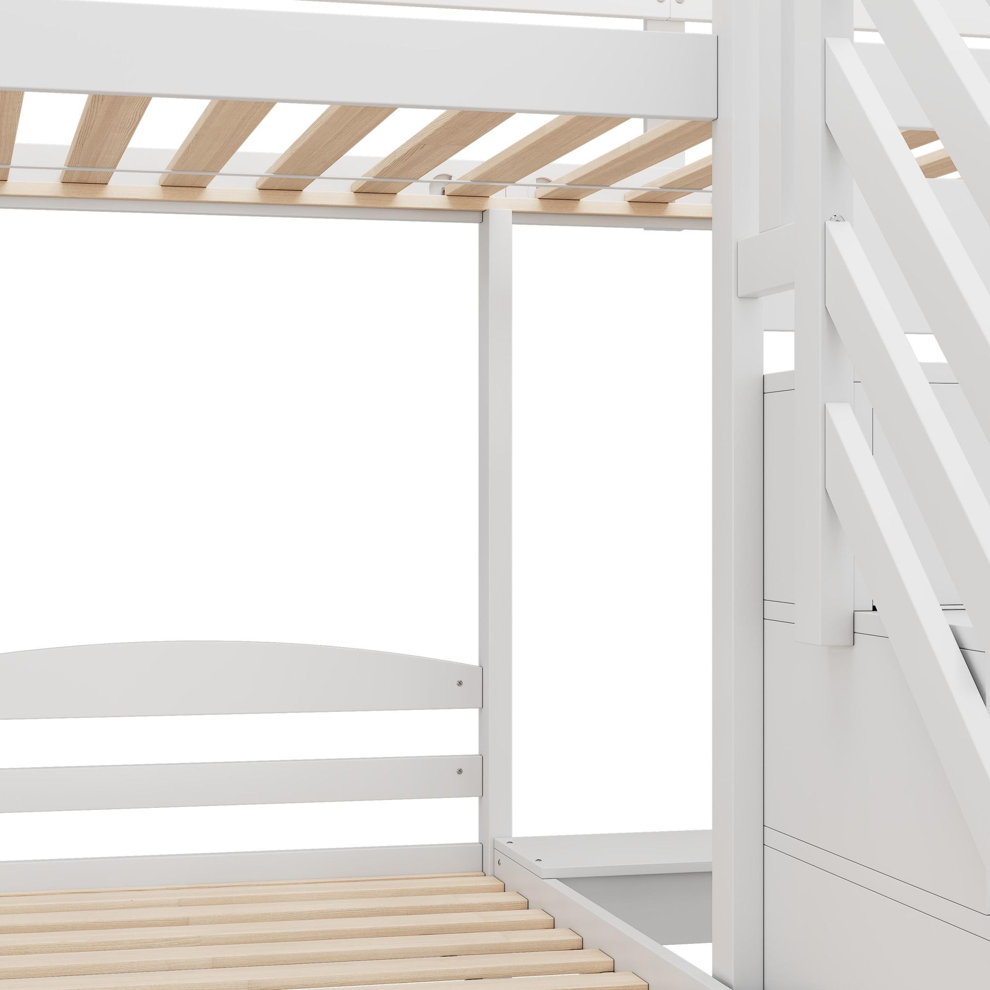 Merax Etagenbett 90x200cm , 3 Betten für Kinder, mit Stauraumleiter, Nachttisch mit Schubladen, Geländer, Stockbett Massivholz, Jugendbett, Weiß