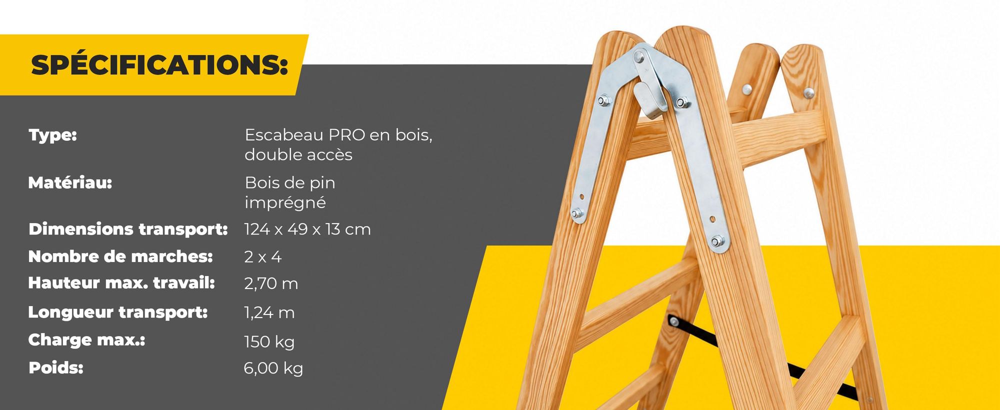 Drabest | Échelle en bois 4 marches 150 kg - Stable et pratique - Idéale pour la maison et le bureau