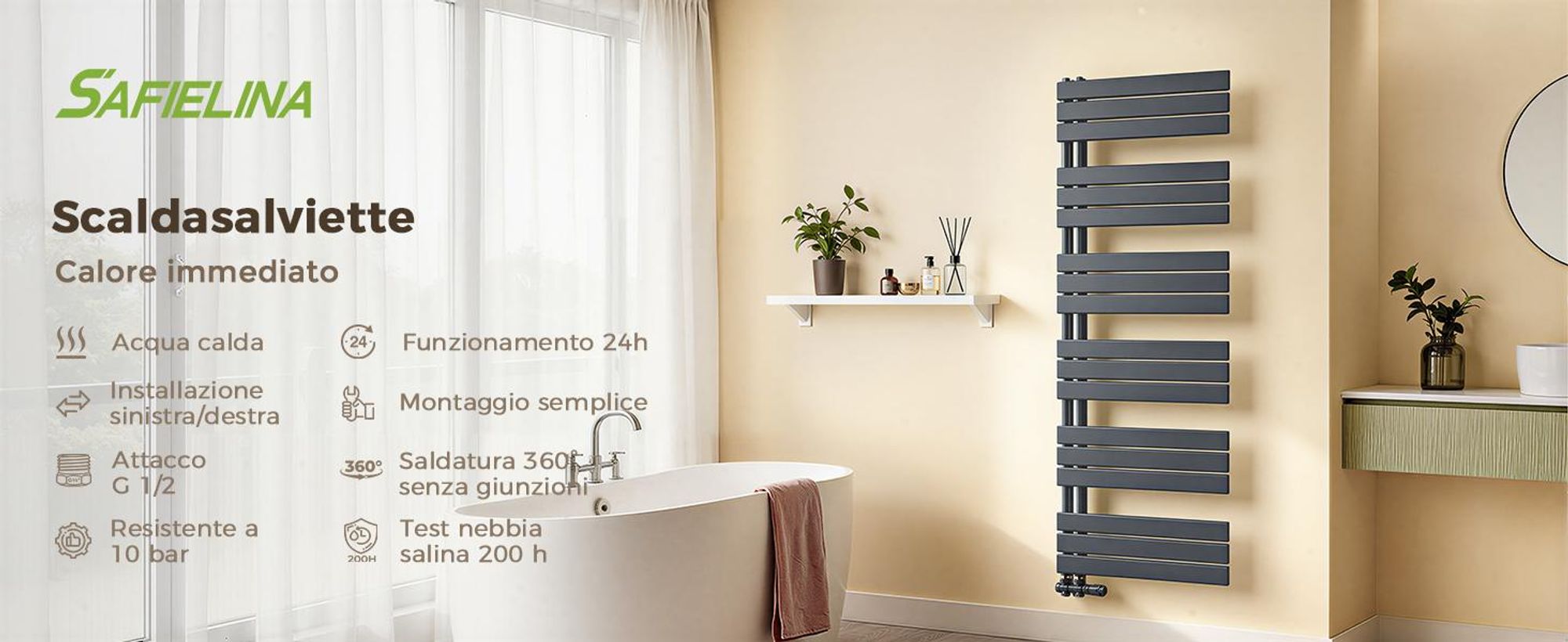 S'AFIELINA: Radiador de diseño para baño, 1041x500 mm. Radiador toallero plano, panel, conexión lateral. Color antracita. Potencia: 529 vatios