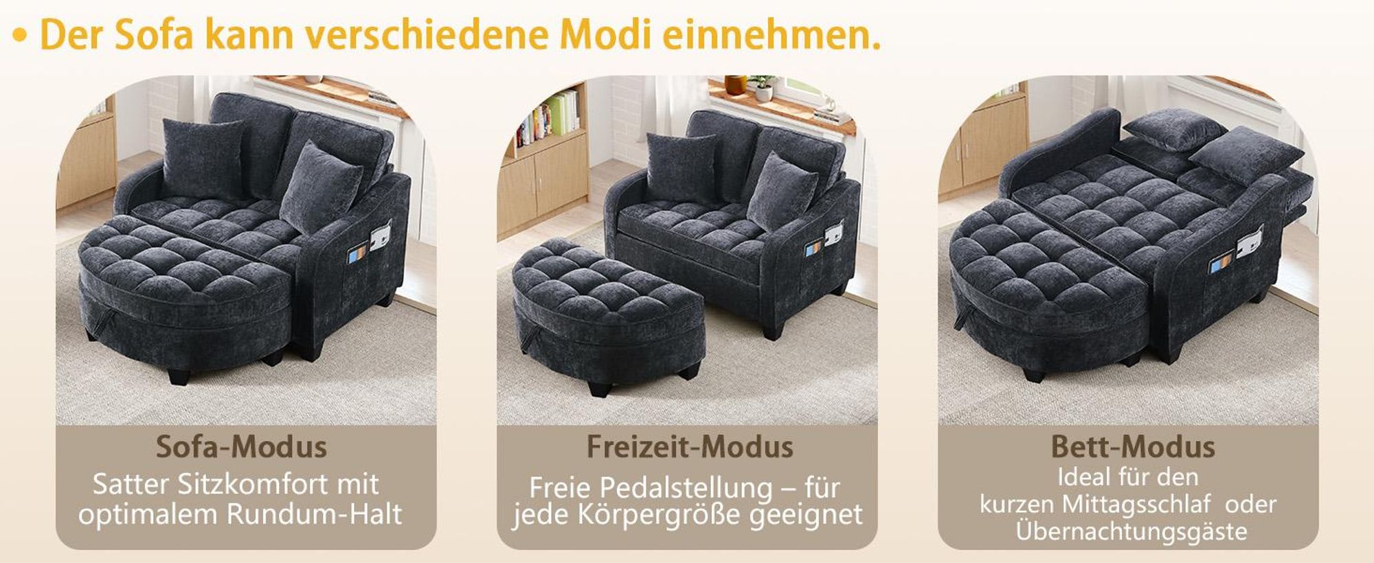 MODFU Multifunktionales Sofa Schlafsofa mit Aufbewahrungs-Hocker,Relaxsofa mit rutschfeste Kunststoffbeine,Schwarz