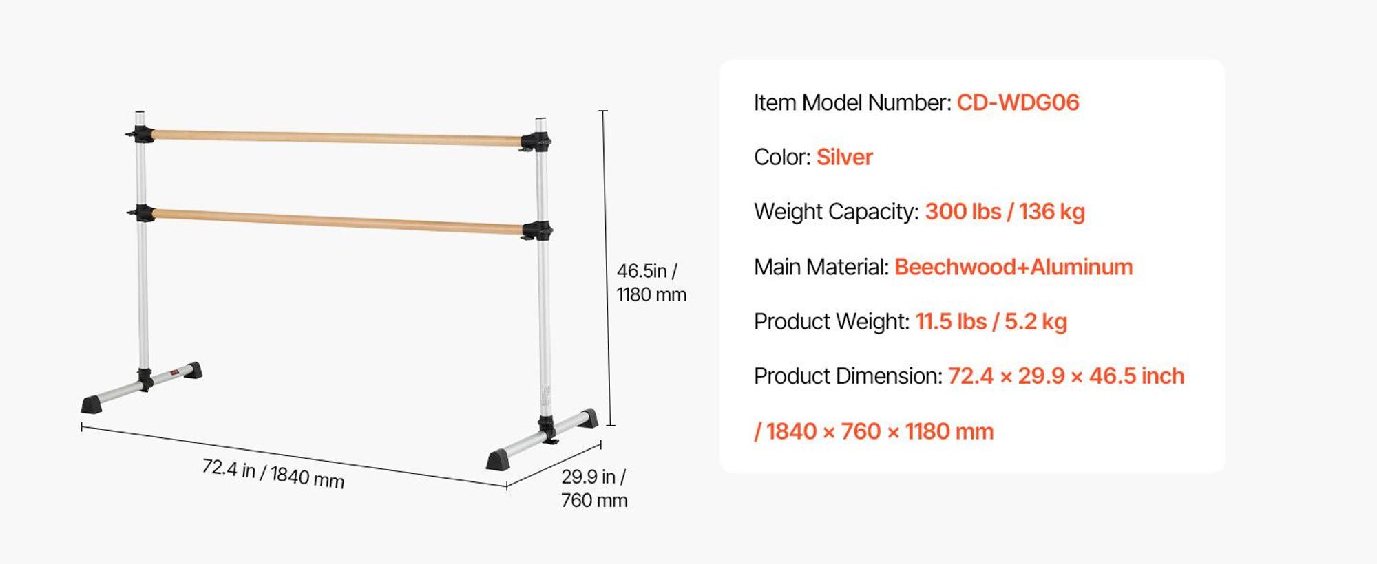 VEVOR Ballettstange Tanzstange freistehende Doppelstange, höhenverstellbare (170-1165 mm) Stretchstange aus Holz für Ballettübung, Gleichgewichtstraining, Entspannungsübungen