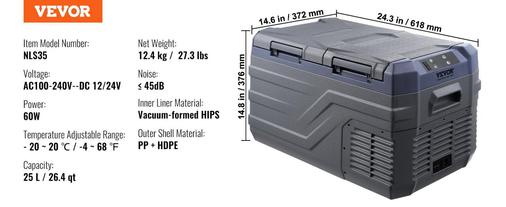 VEVOR Autokühlschrank, 12-Volt-Autokühlschrank, tragbarer 25-Liter-Gefrierschrank mit zwei Zonen, einstellbarer Bereich von -4℉ bis 68℉, 12/24 V DC und 100-240 V AC-Kompressorkühler für Outdoor, Camping, Wohnmobil