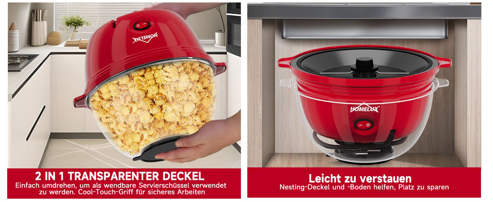 HOMELUX Popcornmaschine Popcorn Maker 450W Mini Popcorn Maschine inkl. Messlöffel Antihaftbeschichtung Gesunder Snack Popper Ohne Fett Öl Für Zuhause
