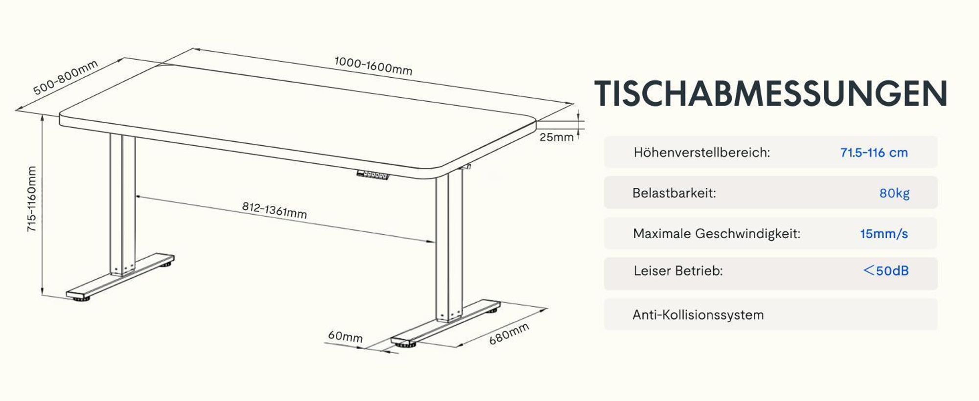 FLEXISPOT EN1 Höhenverstellbarer Schreibtisch 160x80cm, 100 kg Tragkraft, mit Anti-Kollisionsschutz, Einteilige Tischplatte, 4 Memory-Funktion (Weiß)