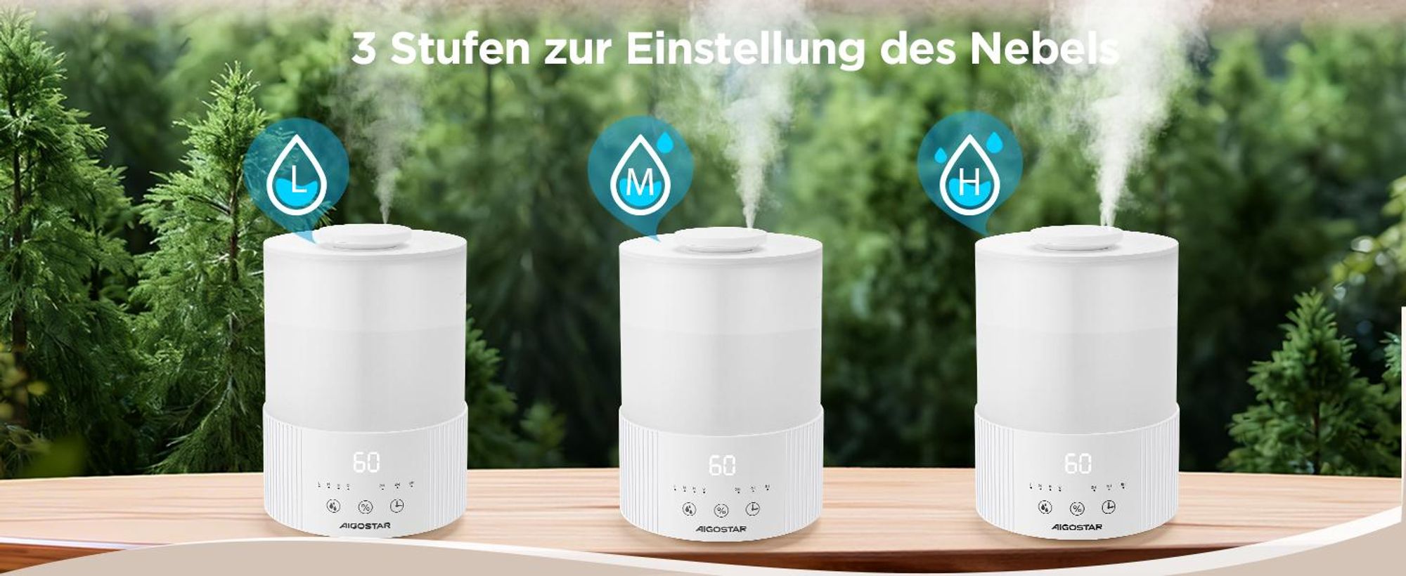 Aigostar - für Schlafzimmer Leise individuelle Luftfeuchtigkeit 7 Farblichter