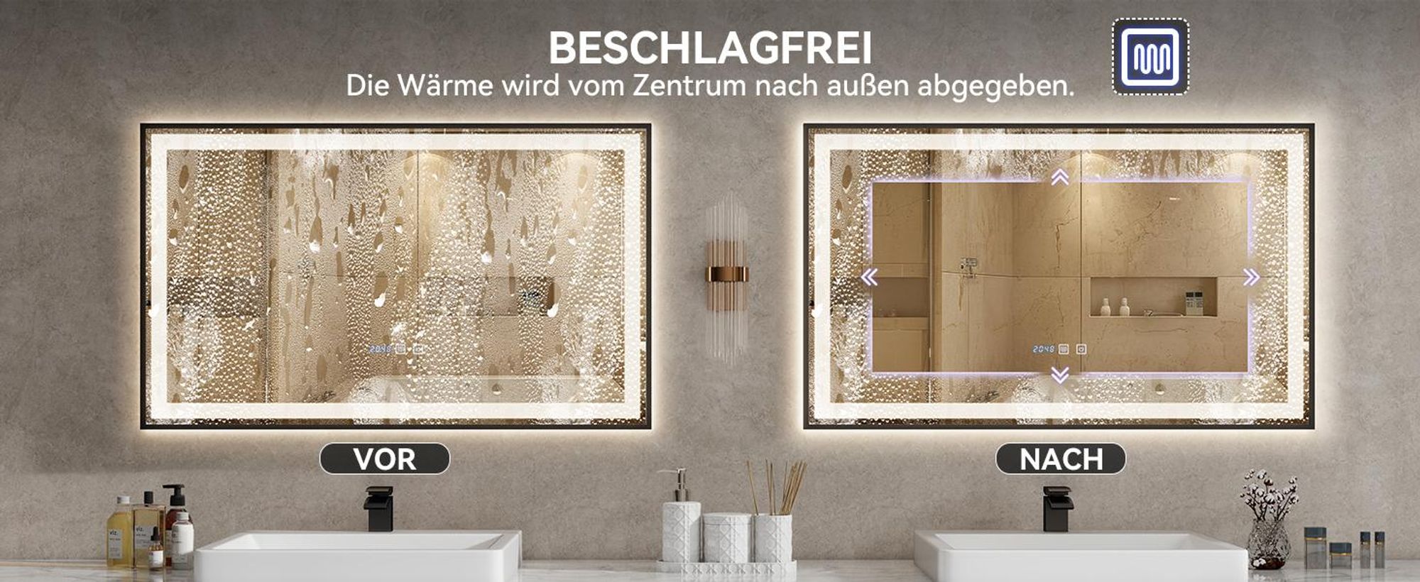 Puluomis Badspiegel 100x60 beschlagfrei mit 3 Farbe Beleuchtung, dimmbare Helligkeit, Badezimmerspiegel mit Digitaluhr, Temperatur schwarz