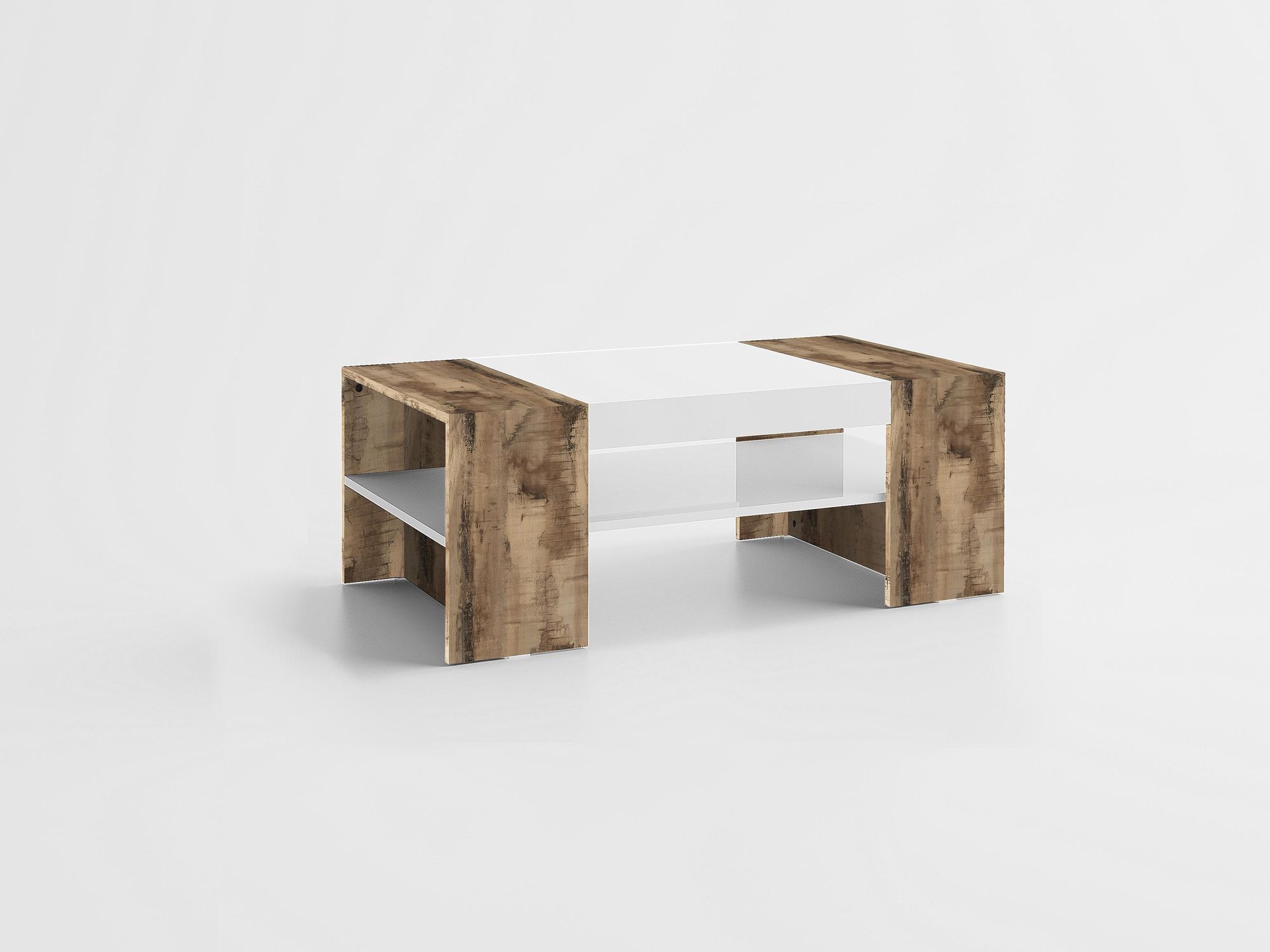 Cesena Couchtisch – moderner Wohnzimmertisch mit Ablageboden und Weiß-Hochglanz/Ahorn-Design