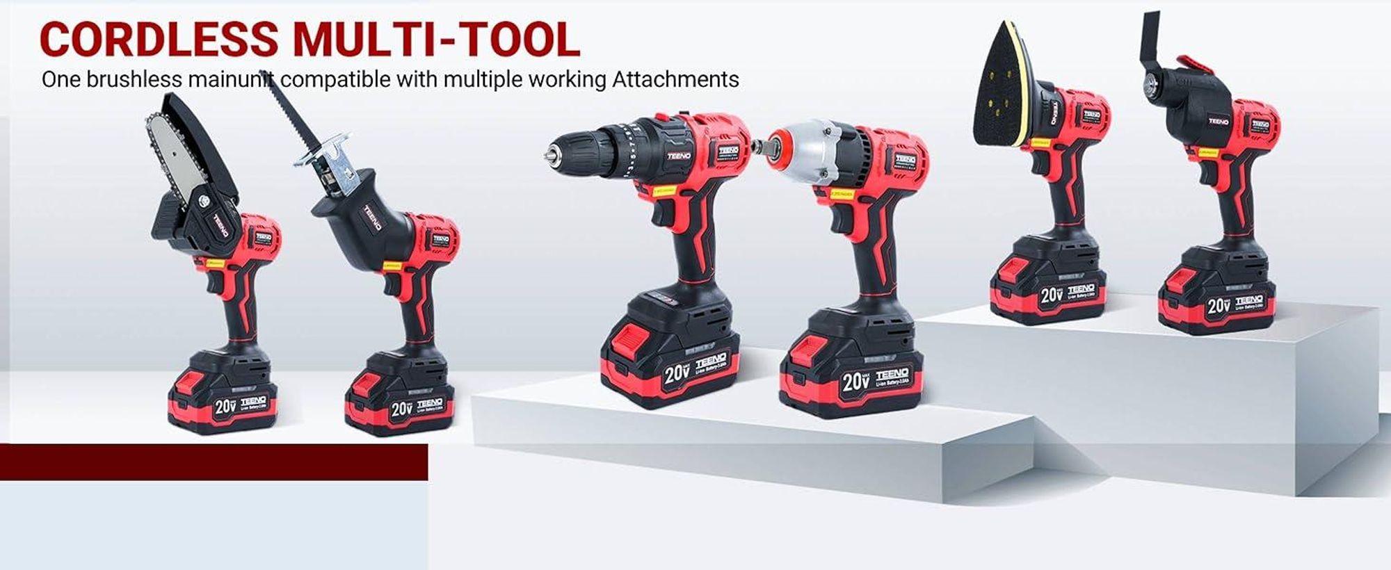 TEENO 8-in-1 Akku-Multifunktionswerkzeug, Akku Elektrowerkzeug Set mit Aufbewahrungskoffer, mit Bohrmaschine, Säbelsäge, Kettensäge, Schlagschrauber
