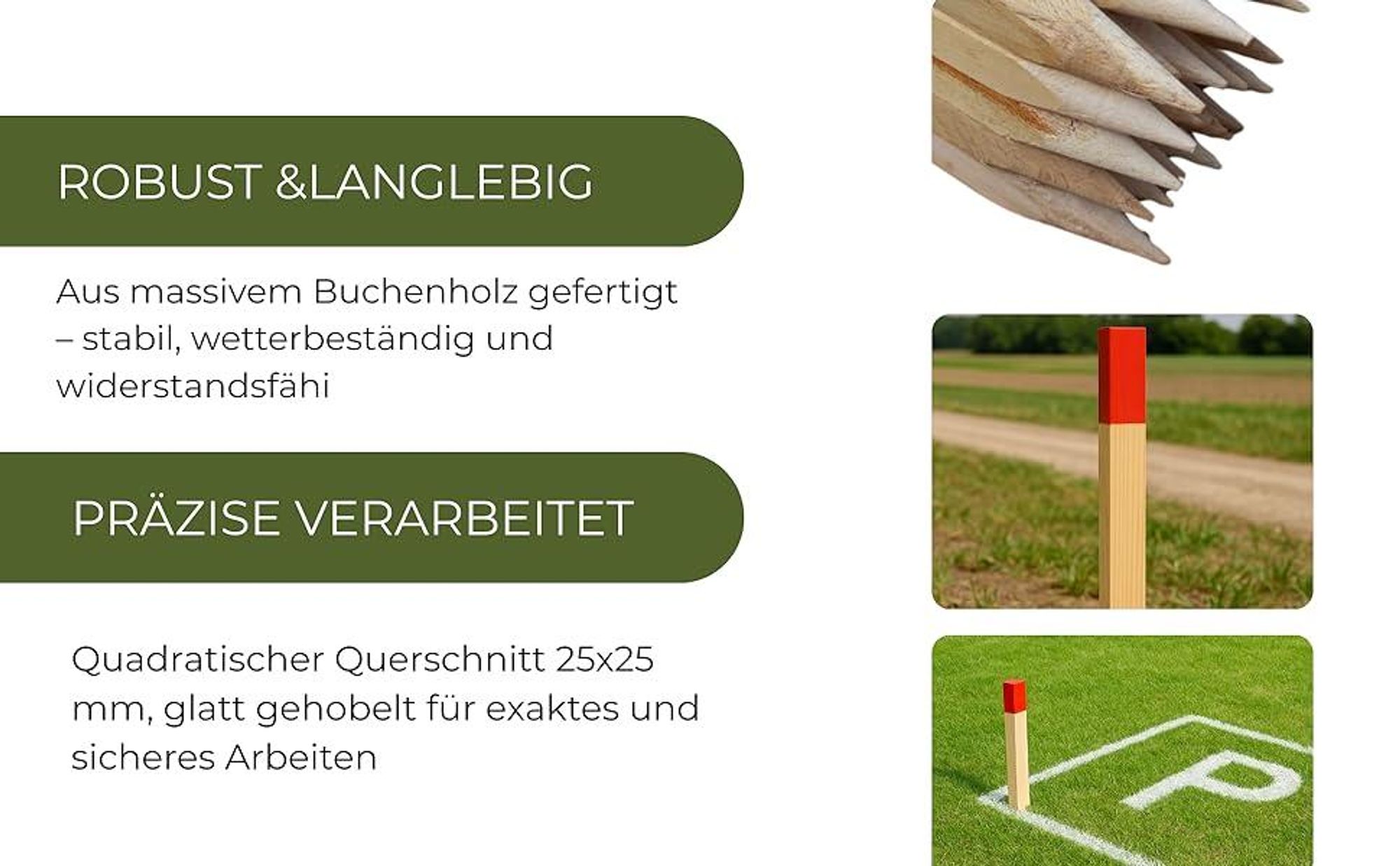 50 Stück Holzpfähle Buche 120 cm – Vermessungspfähle Quadratisch 25x25 mm, Robuste Vermessungspfosten mit Orange Spitze, Pflanzstäbe & Zaunpfosten