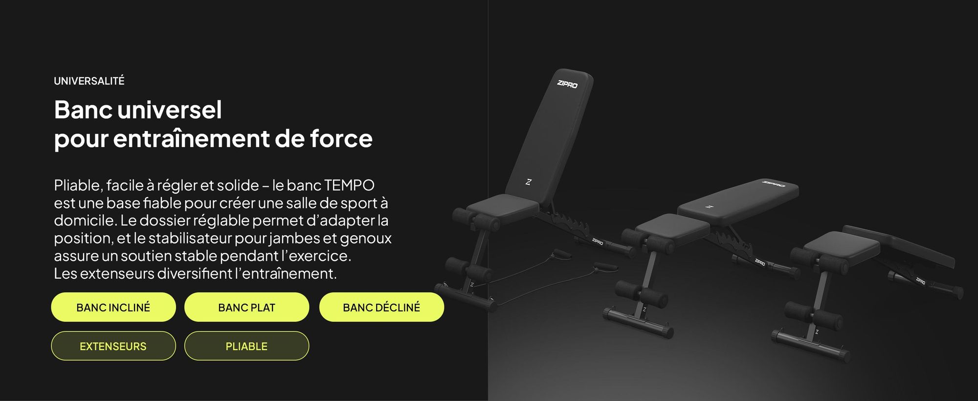 Banc de musculation pliable Zipro Tempo – Banc d'entraînement réglable pour la maison Banc incliné Banc négatif avec extenseurs Charge maximale 230 kg Idéal pour les haltères
