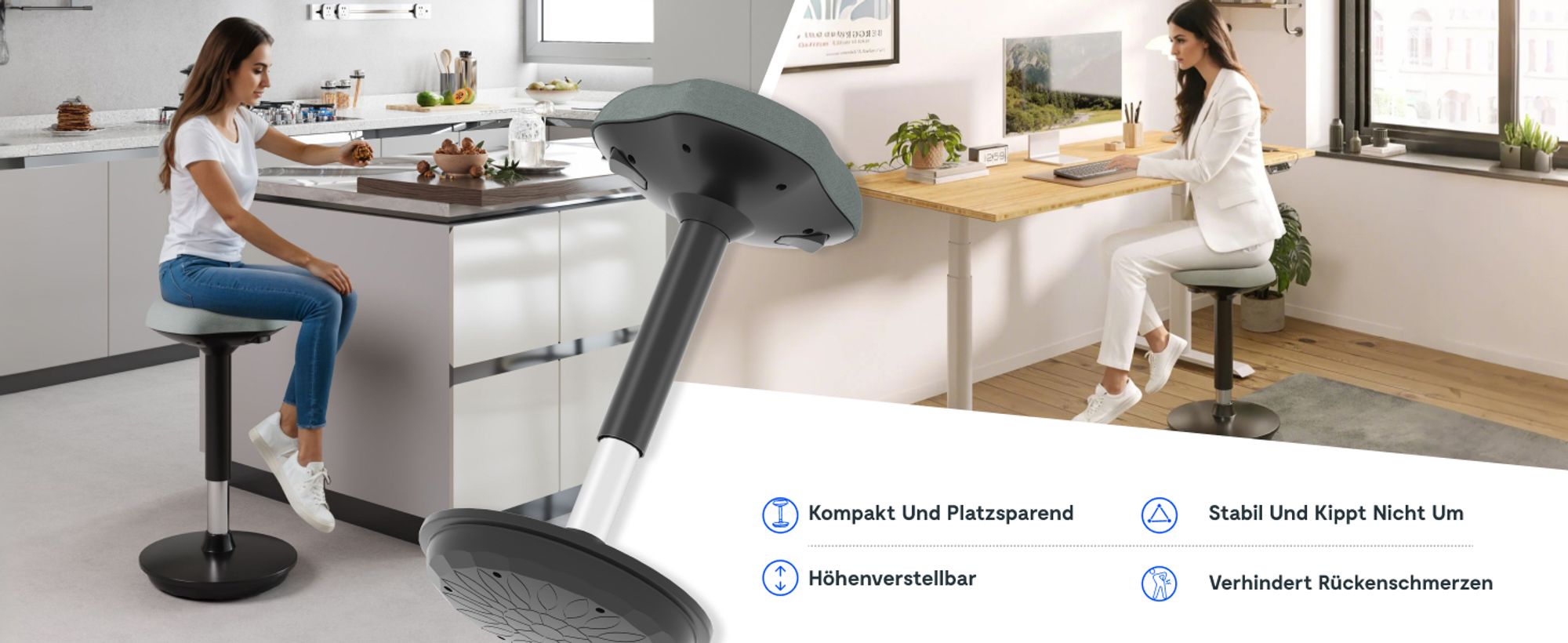 FLEXISPOT Ergonomischer Arbeitshocker – Höhenverstellbare Stehhilfe, 360° drehbar, Bürohocker – Schreibtischhocker – Sitz-Steh-Hocker (Grau)