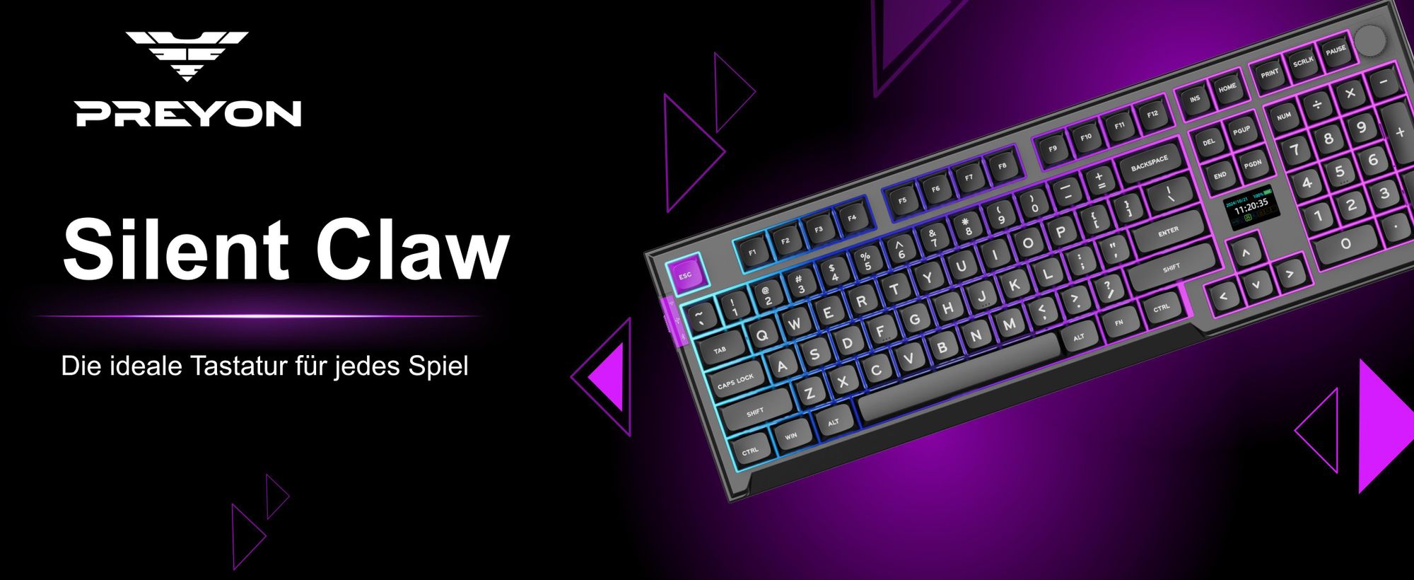PREYON Silent Claw Gaming Tastatur Kabellos Mechanisch Gateron Red Pro Gasket Mount LCD Display RGB Full Size PBT Keycaps PC Tastatur Wireless TKL