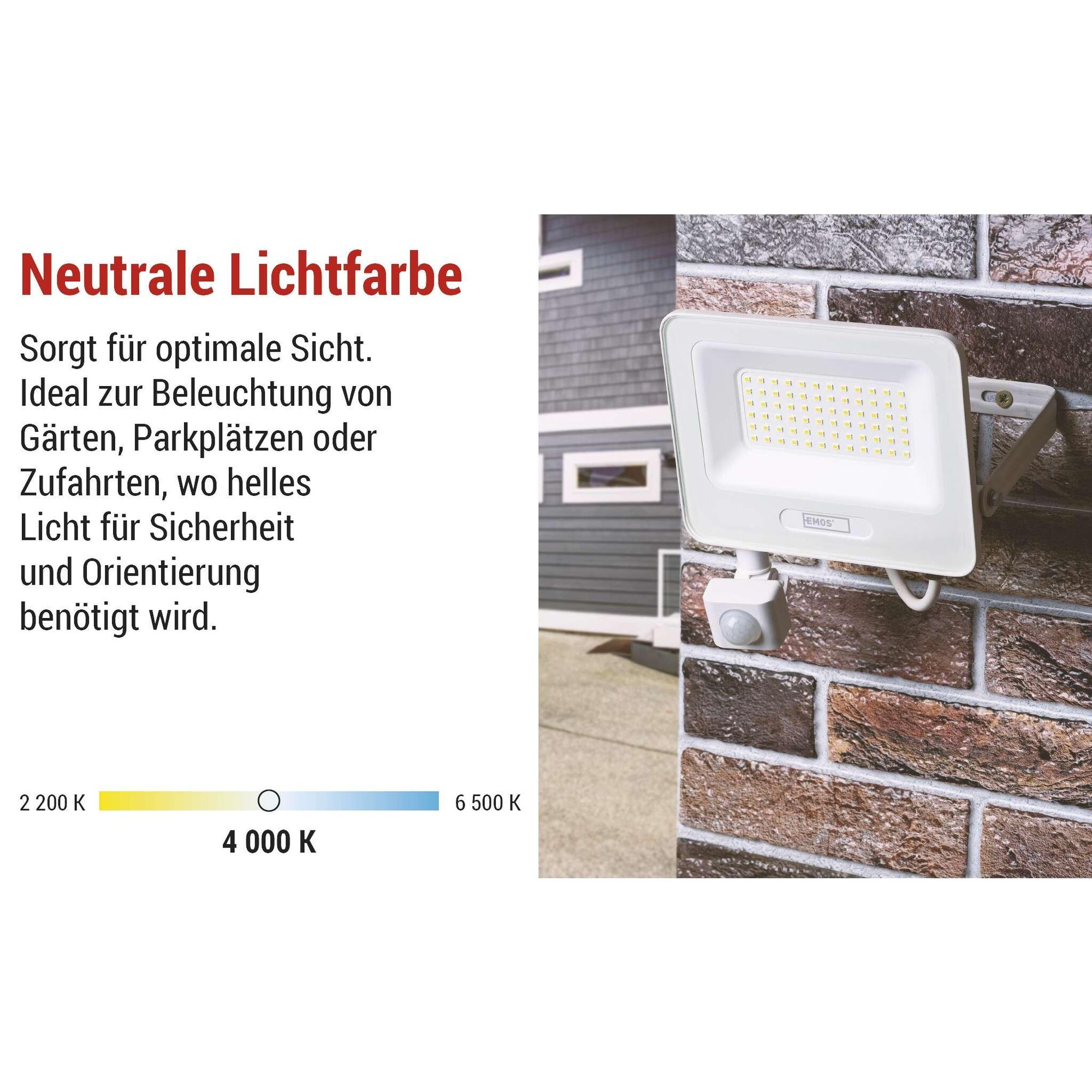 EMOS LED Aluminium-Strahler GLARO 20W mit Sensor, IP54 für Feuchtraum/Außen, 2000lm, Neutralweiß 4000K, 20cm Gummi-Kabel, Weiß, ZS2324W
