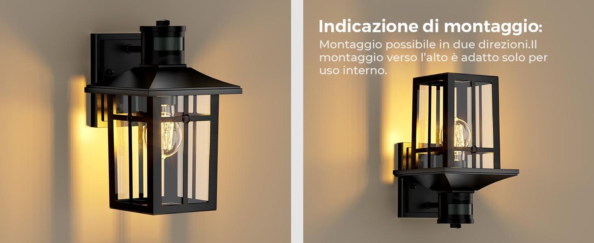 Lámpara exterior S'AFIELINA con sensor de movimiento, aplique de pared E27 para terraza, fachada, luz exterior negra, diseño vintage, juego de 2 unidades