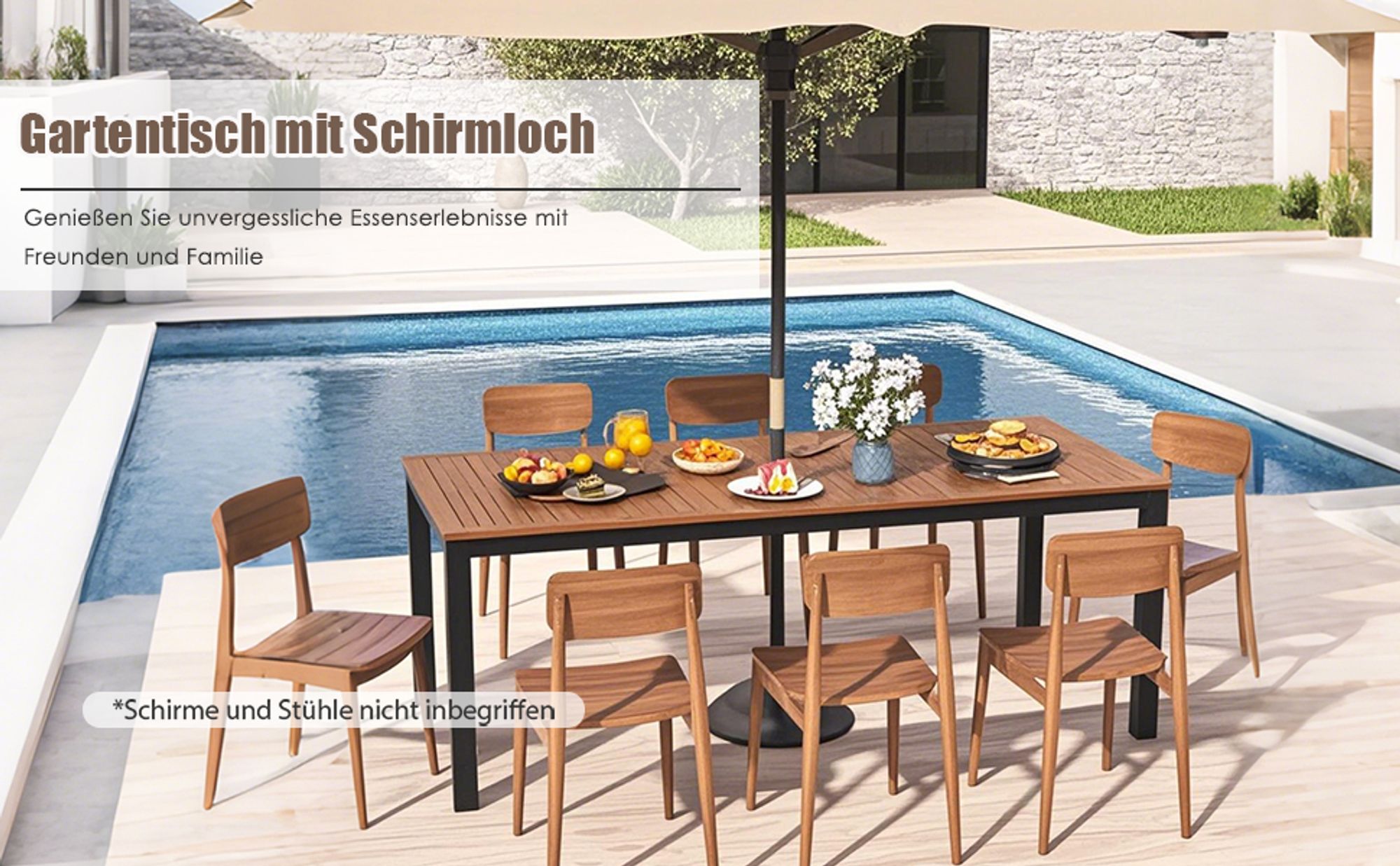 COSTWAY Gartentisch für 8 Personen Akazienholz, Garten Esstisch mit 5cm Schirmloch 200x90x75cm
