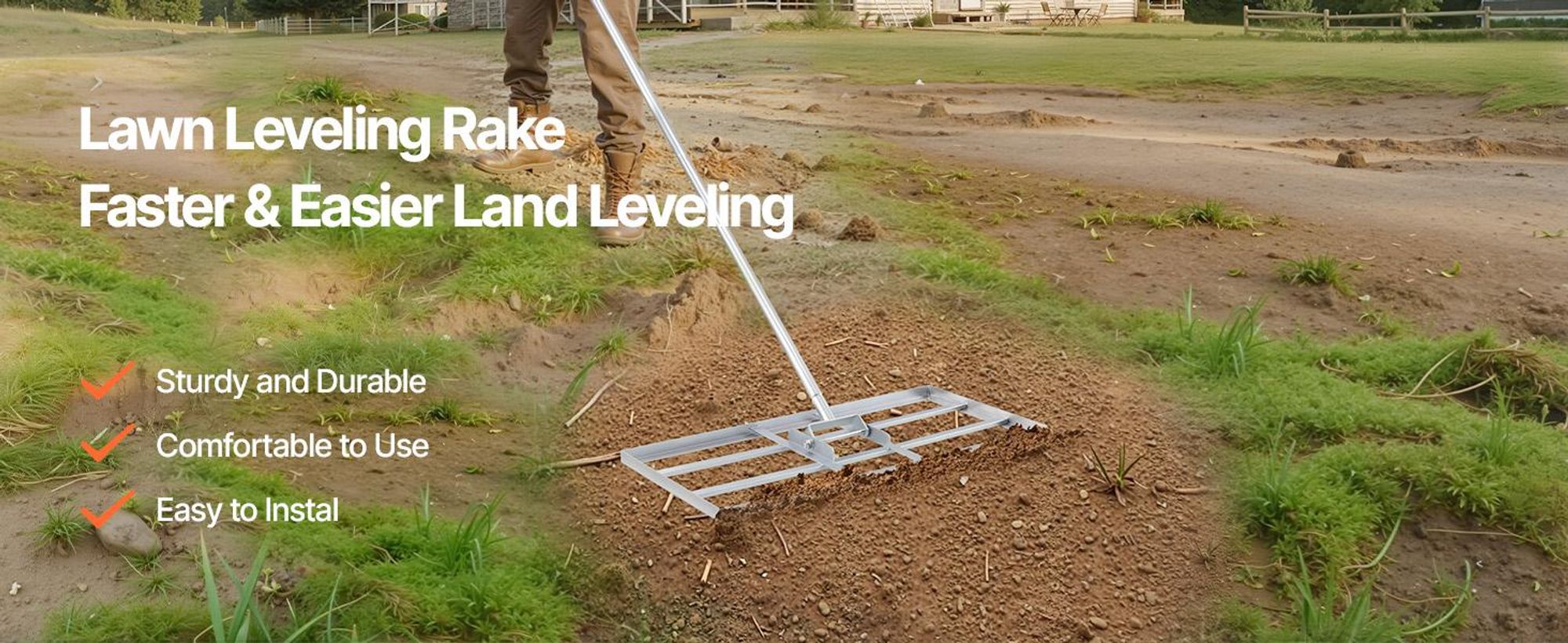 VEVOR Rasenebnungsrechen, Rasenebner mit 83,9 cm Griff, 48x10 cm Bodenplatte, rostbeständiger Kohlenstoffstahl-Bodenebner, 2 Höhen verstellbar, mühelose Rasenebnungswerkzeug für Garten Golfplatz, Kohlenstoffstahl-14x30x78 Zoll