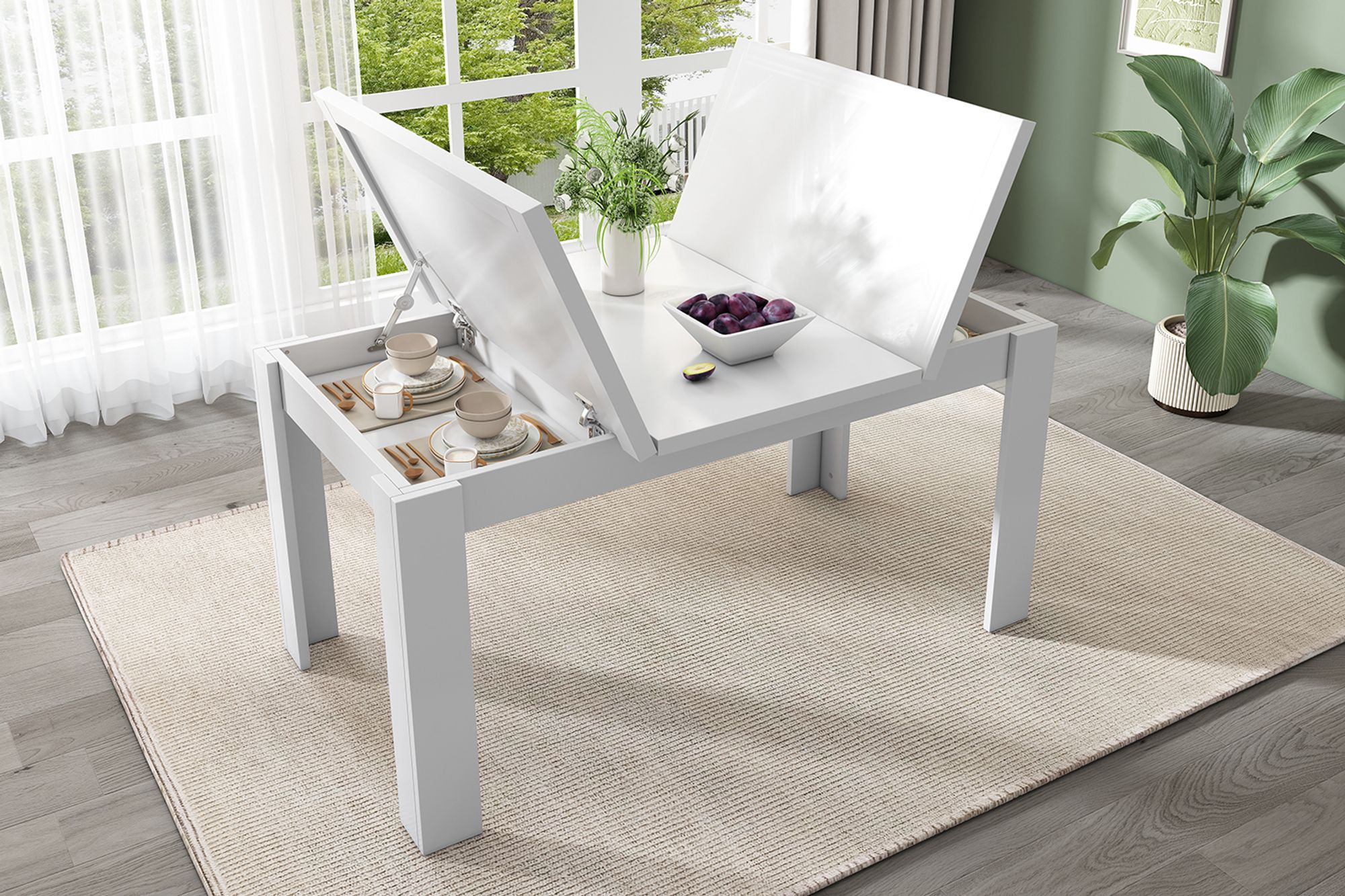 Flieks Esstisch mit verstecktem Stauraum, 120x70x75cm, Moderner einfacher Freizeittisch, Multifunktionaler Küchentisch mit klappbarer Platte, weiß