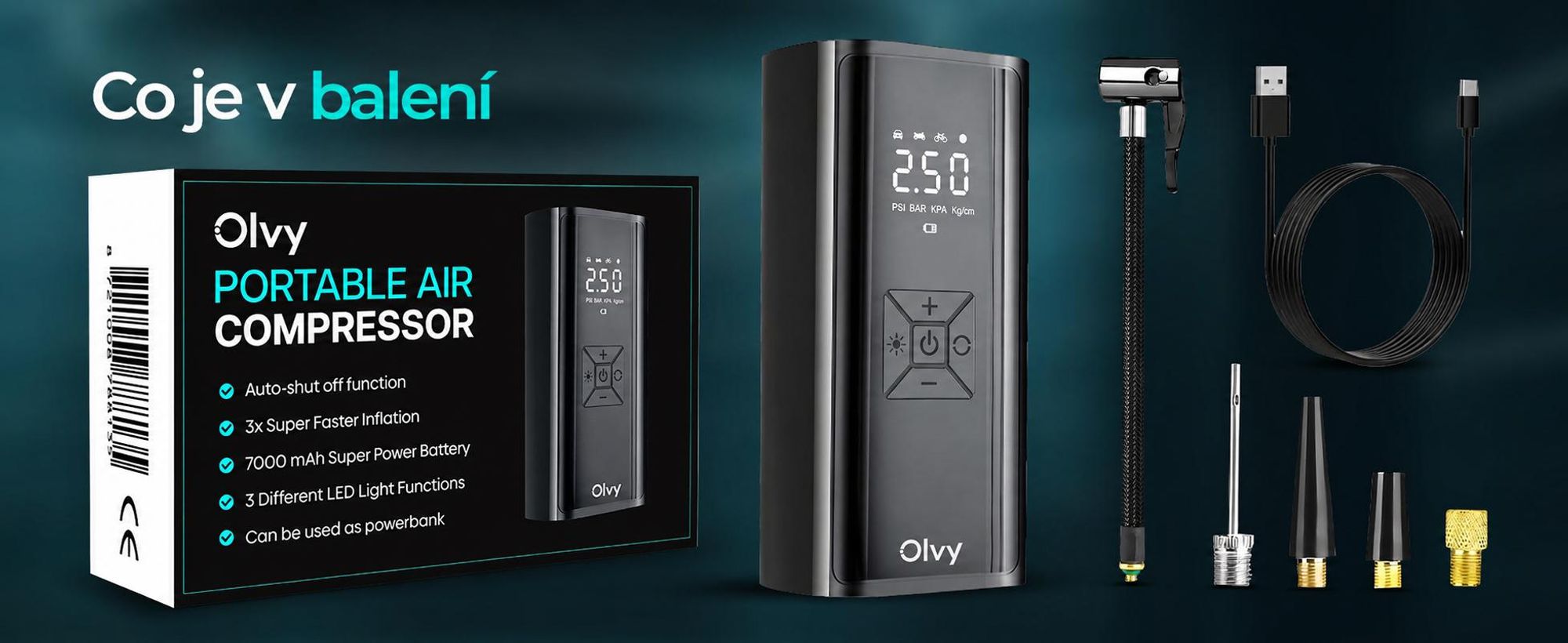 Olvy vzduchový kompresor 7000 mAh, mini pumpa na pneumatiky, elektrická kompresorová pumpa na kolo, elektrická vzduchová pumpa, mini kompresor na míče do auta na kolo