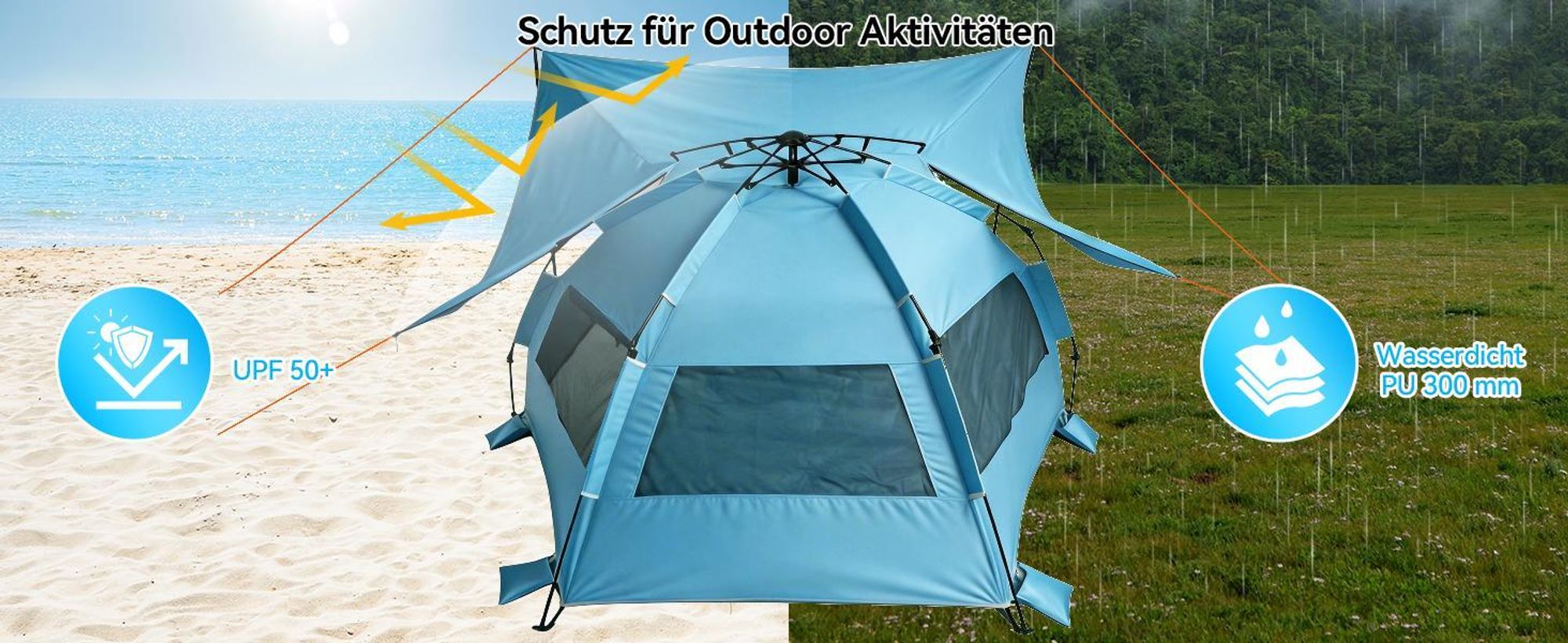 Puluomis Strandmuscheln Strandzelt mit Sonnensegel  Pop-up-Zelt mit UV-Schutz 50+, Sekundenzelt Blau, 135 x 150 x 250 cm