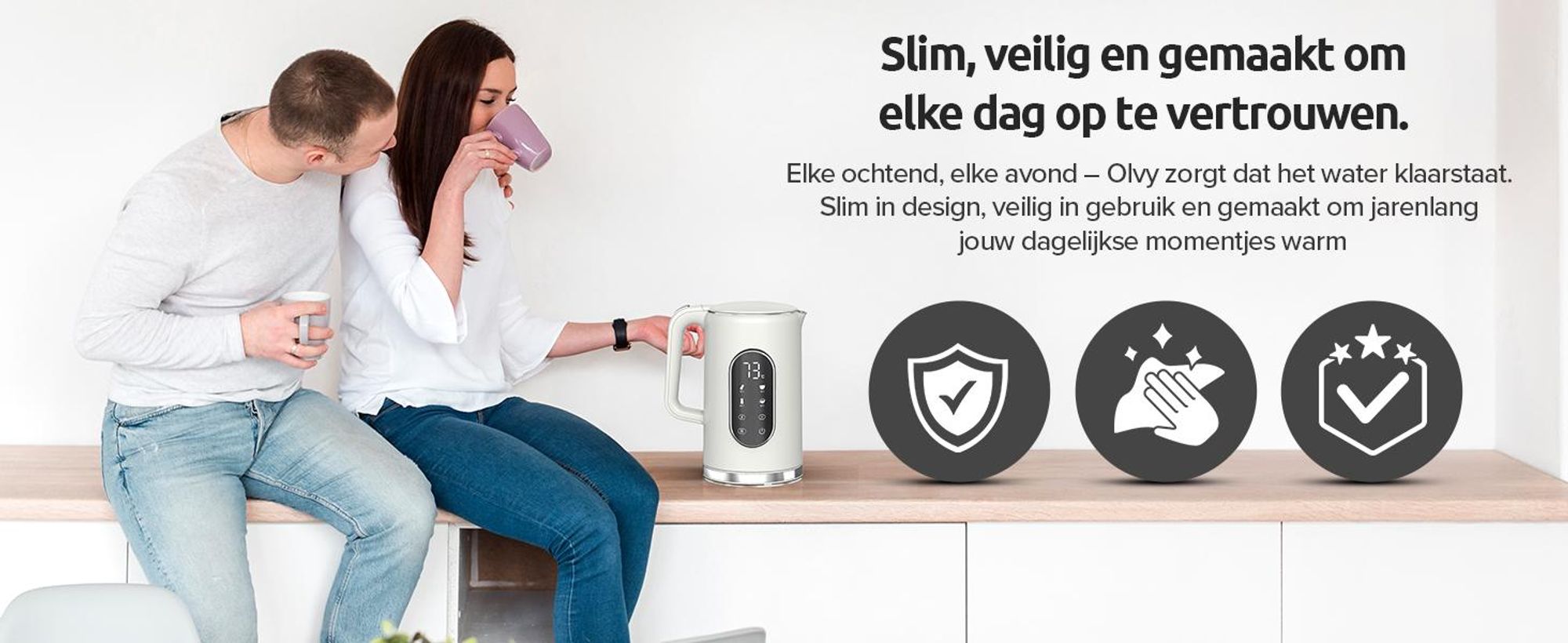 Olvy waterkoker, crème kleur, 1,7 liter – LCD-display, 2200W, BPA-vrij, warmhoudfunctie, kalkfilter, temperatuurinstelling 40–100°, roestvrij staal