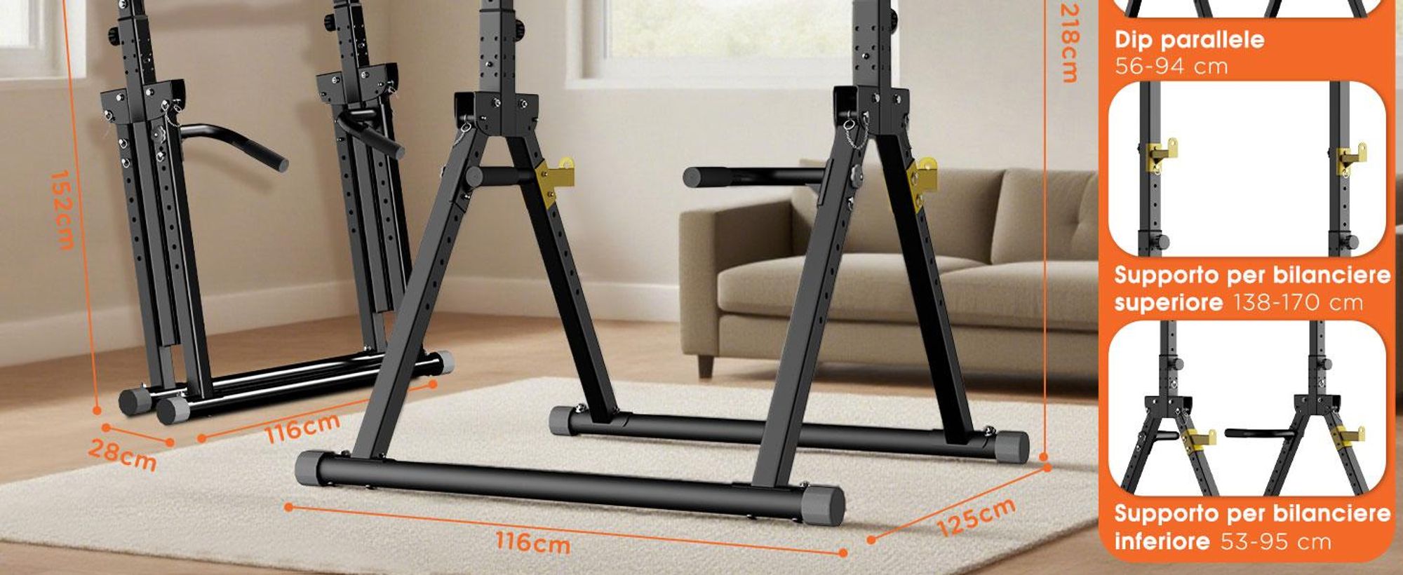 DH FitLife Power Tower Pieghevole - Stazione Fitness Multifunzionale con Barra per Trazioni, Dip Parallele e Supporti per Bilanciere, Fino a 150 kg