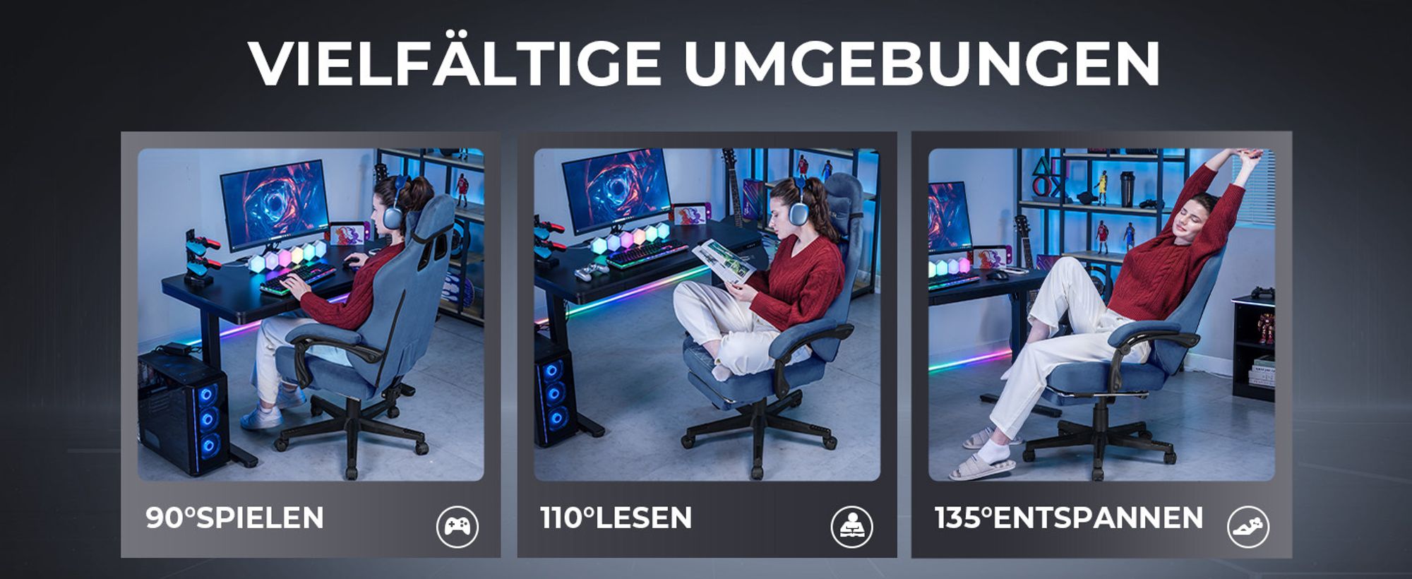 GTPLAYER Gaming Stuhl Stoff Gaming Chair Ergonomisch Bürostuh PC Stuhl,  Verstellbarer und Drehbarer Schreibtischstuh mit Fußstütze, Blau