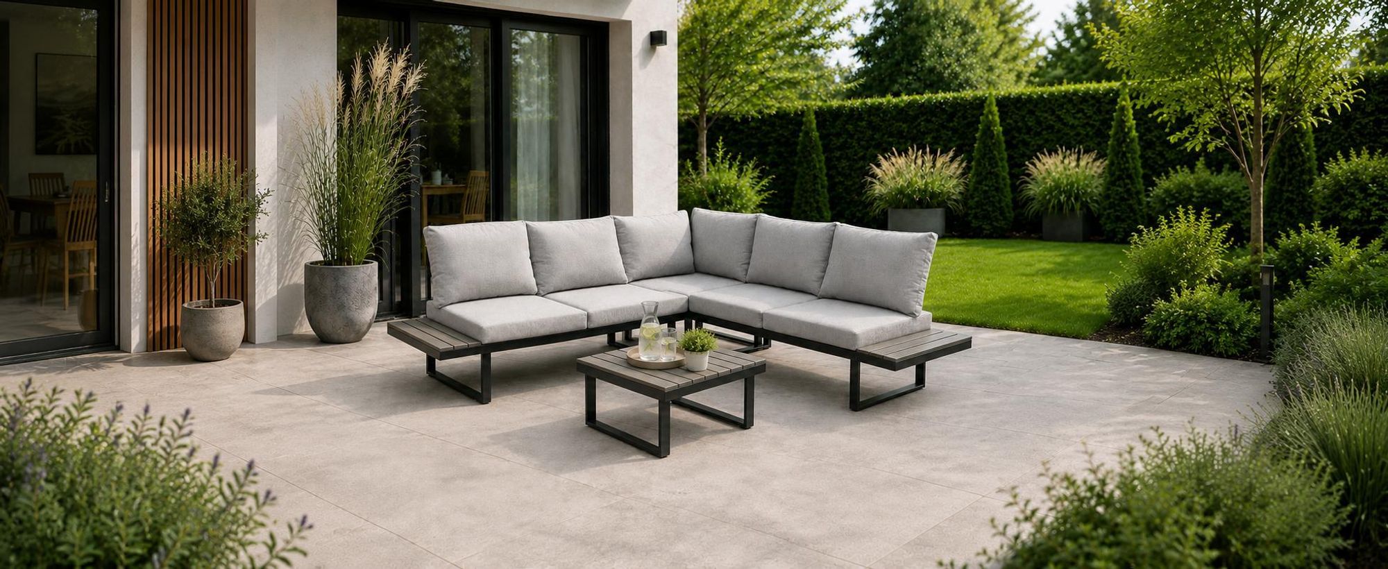Helle Gartenlounge Samara mit grauen Polstern und Tisch auf moderner Terrasse