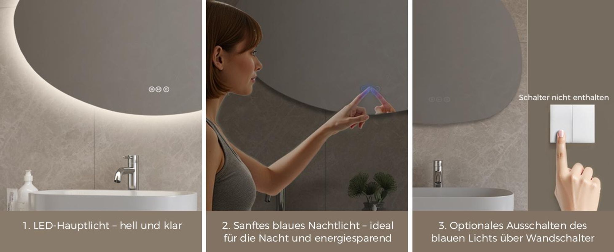 S'AFIELINA 60×45 cm Asymmetrischer Spiegel LED – Badspiegel mit Beleuchtung, Dimmfunktion, horizontal/vertikal montierbar, Antibeschlag,Bad & Flur