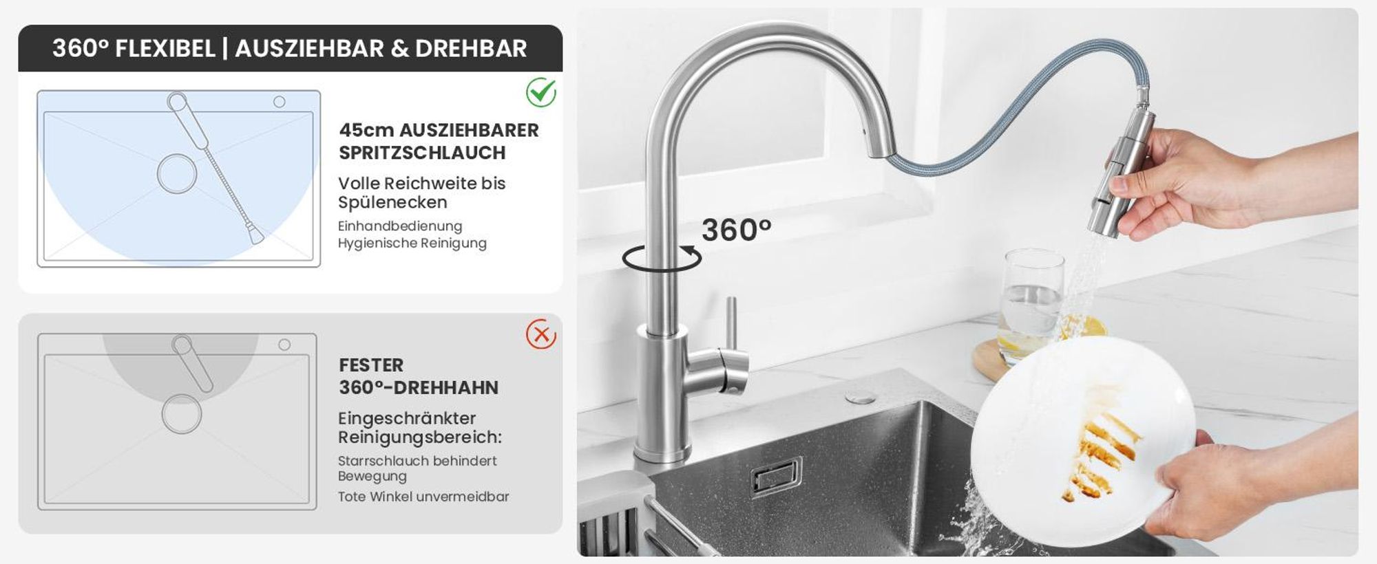 Lonheo Hochdruck Silber Küchenarmatur Wasserhahn Küche ausziehbar mit 2 Strahlarten 360° drehbar Spültischarmatur mit Brause