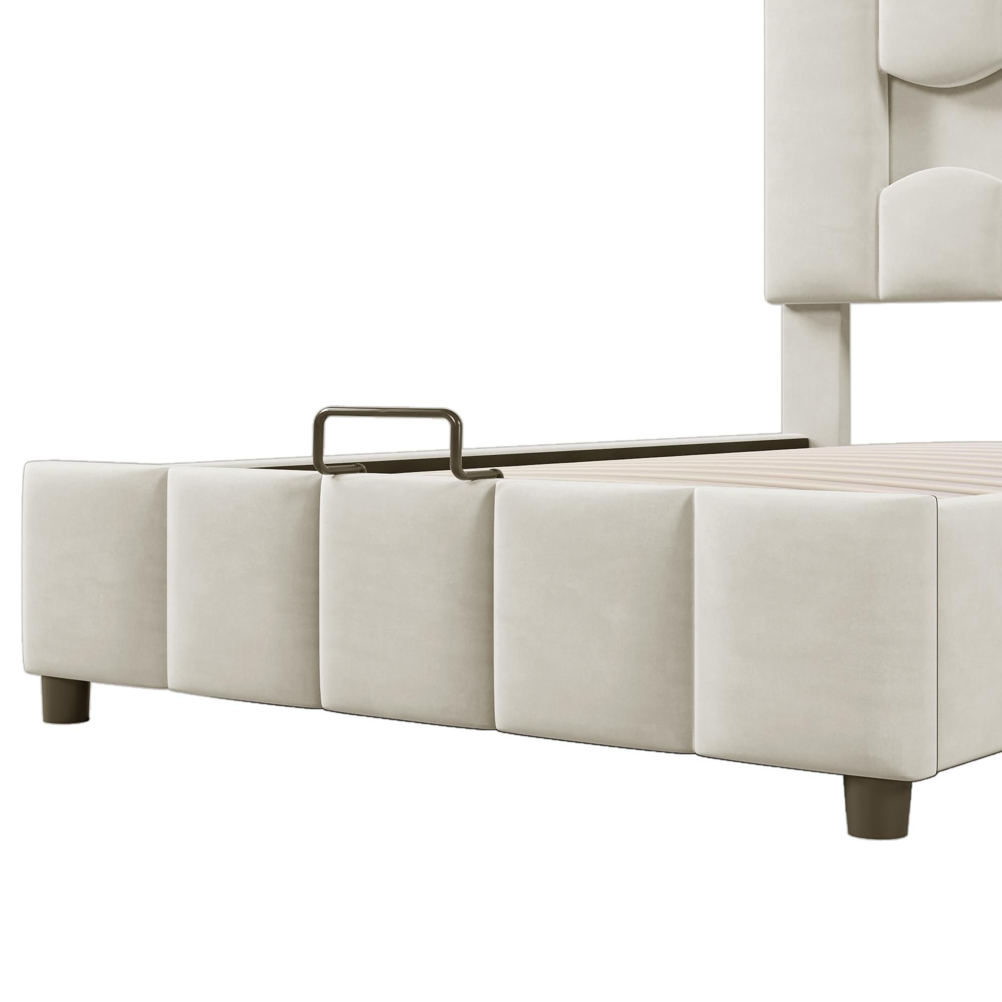 Merax Polsterbett 90x200 cm, Kinderbett mit Hydraulischem Stauraum, LED, Verstellbares Kopfteil, Lattenrost, Samt, Einzelbett, Jugendbett, Beige