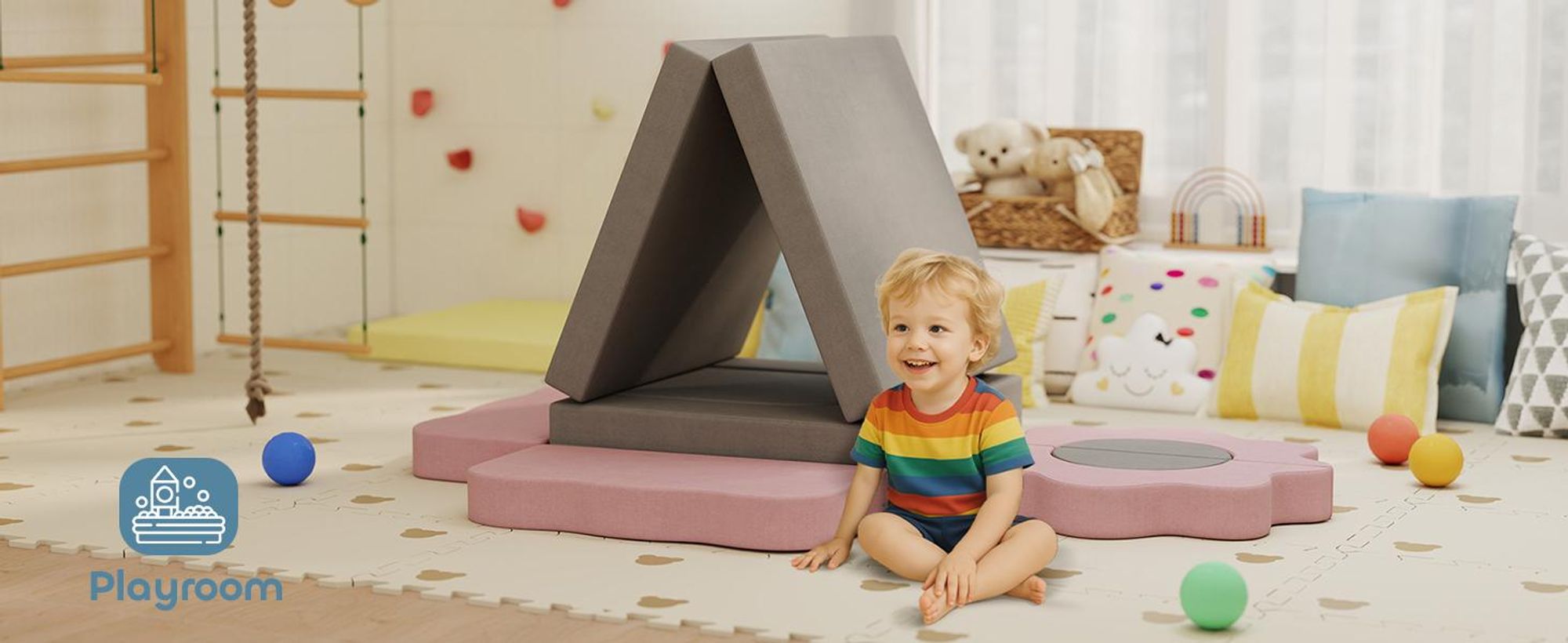 Sofa do zabawy AIYAPLAY, sofa dziecięca wykonana z piankowych klocków konstrukcyjnych 12 elementów, miękkie klocki do wspinaczki z basenem z piłeczkami, zestaw klocków, duże klocki, piankowe klocki do wspinaczki dla dzieci w kolorze sztruksowym, szare
