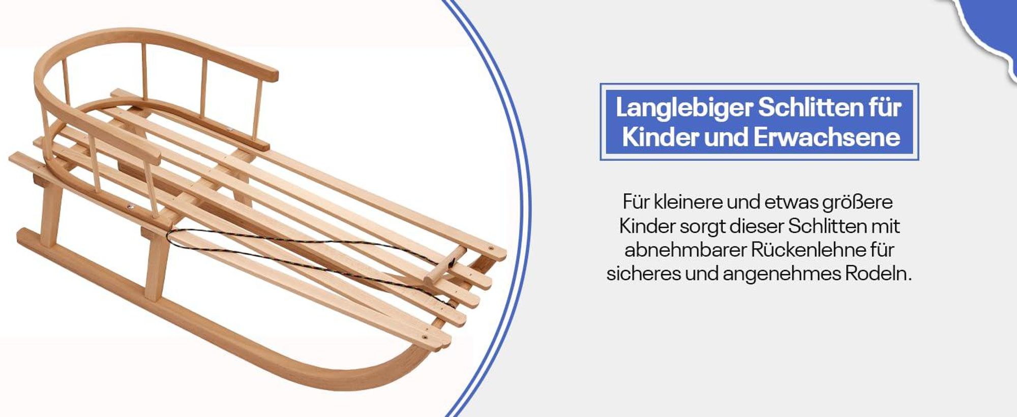 Best For Kids Holzschlitten für Kinder mit Rückenlehne┃Kinderschlitten aus Holz mit Zugseil & Gurt┃Stabiler Holzschlitten für Kinder & Erwachsene