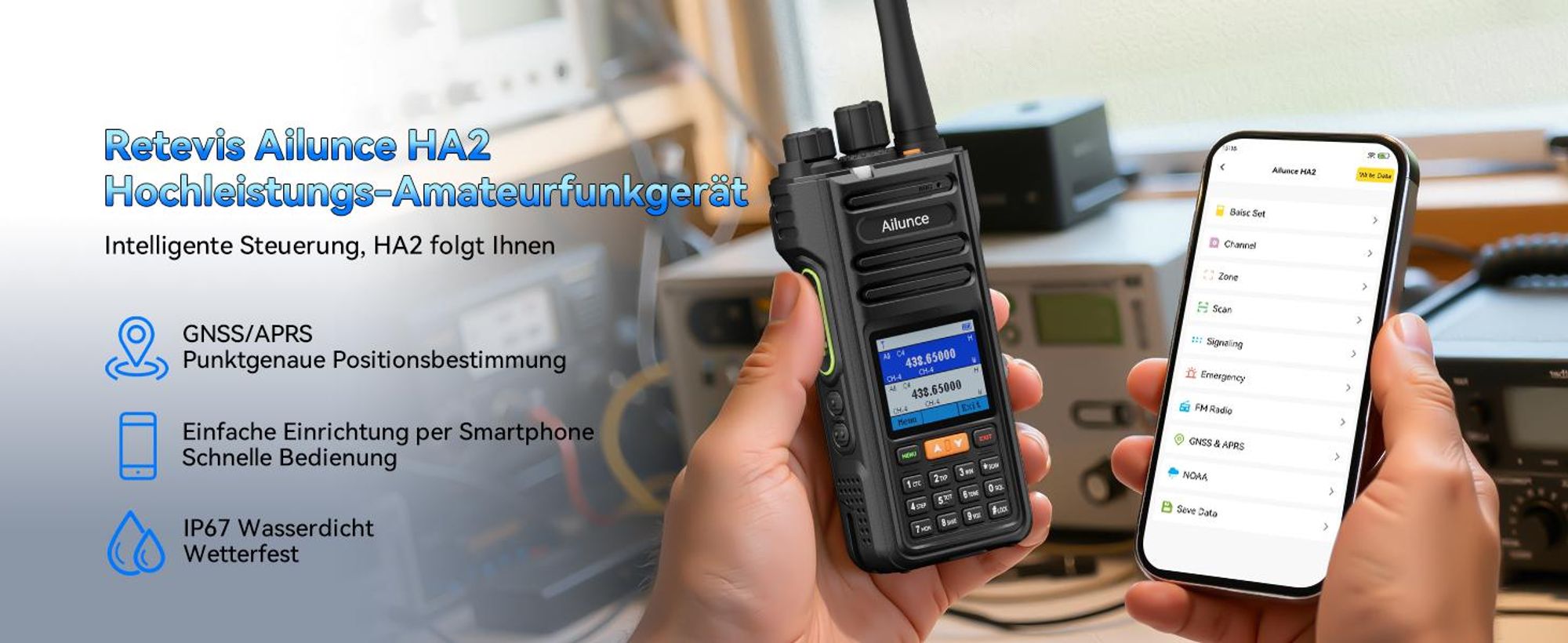 Retevis Ailunce HA2 Bluetooth Funkgerät, Amateurfunk, APP Steuerung, APRS/GPS, Schnellladung, IP67 Wasserdicht, 2800mAh, SOS, für Funkamateure
