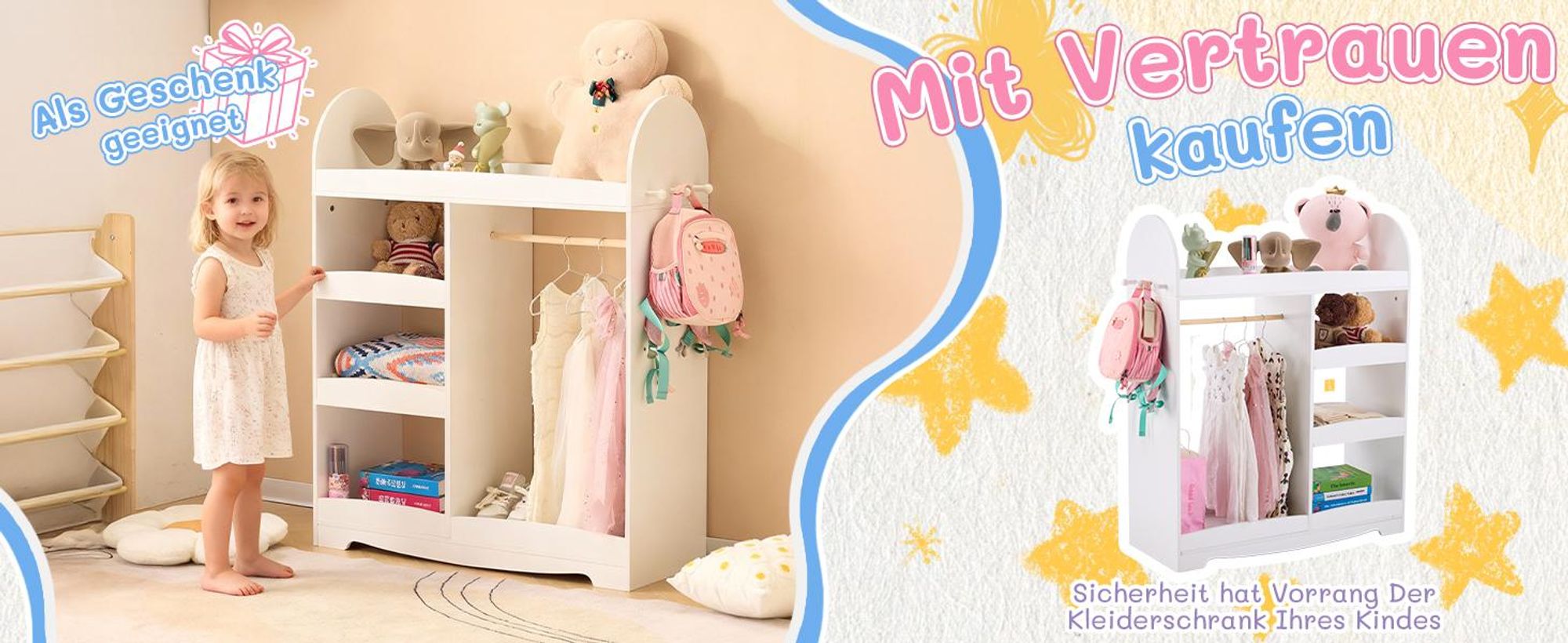 FCH kinderkleiderschrank mit 3 offener Ablagen, Haken, Kindergarderobe mit Kleiderständer, Weiß