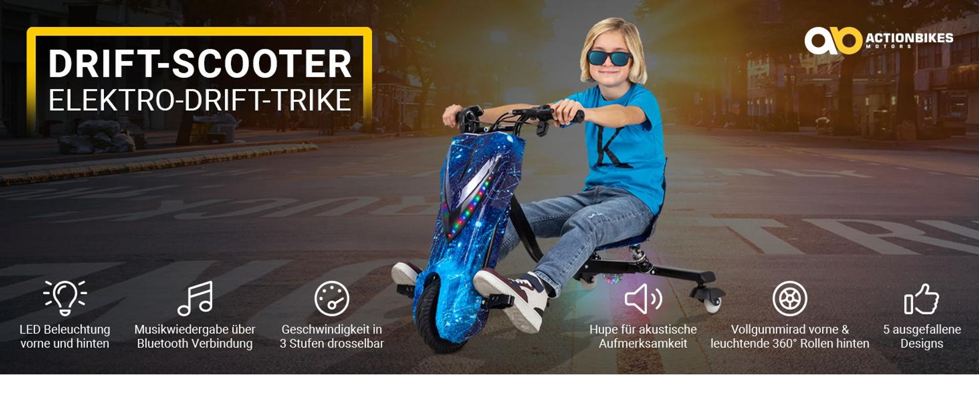 Kinder Elektro Drift Trike | Drift Scooter - Drift Cart - Bis zu 15km/h - LED Driftrollen 360° - Hupe - 3 Geschwindigkeitsstufen (Weiß)