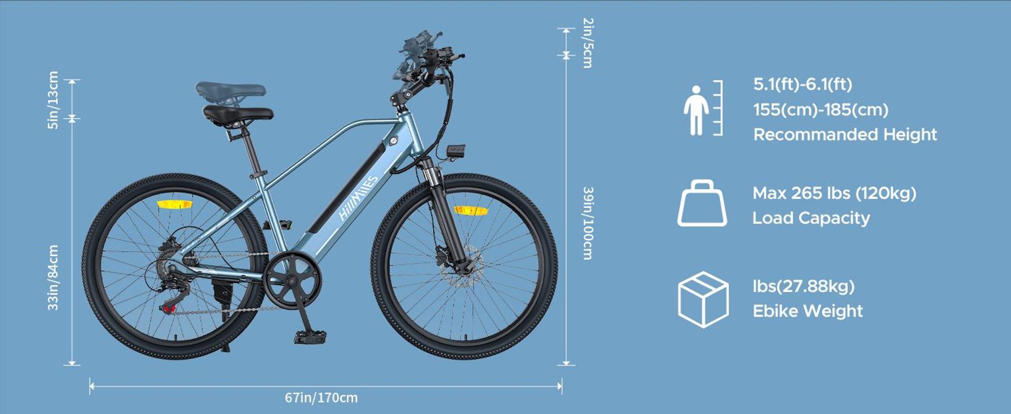 HillMiles E Bike, e-bike da trekking con sensore di coppia e freni idraulici, batteria rimovibile da 36V 13AH fino a 100KM, 25 km/h, Mile Trail