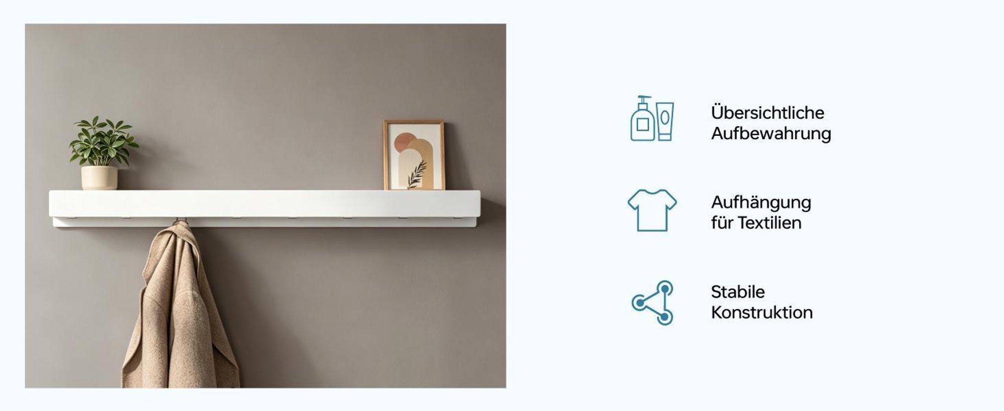 doporro Wandgarderobe mit Ablage, Garderobenleiste 60 cm mit 6 Garderobenhaken Weiß, Kleiderhaken Wand zum Schrauben oder Kleben, Stalo-11