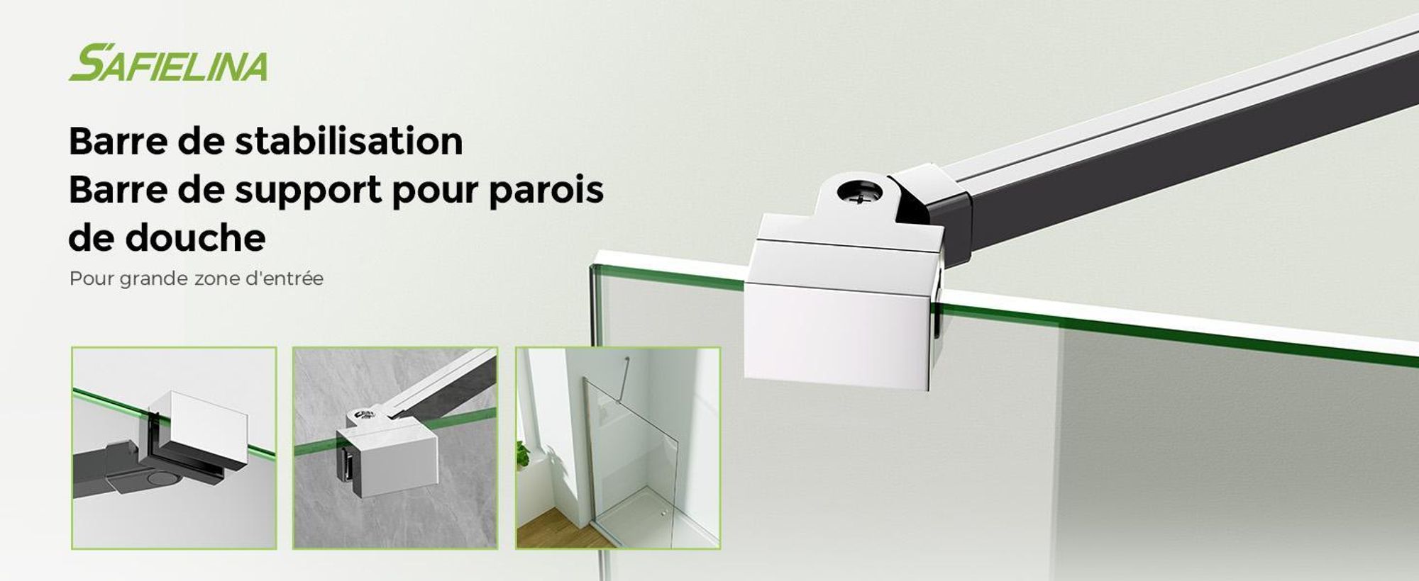S'AFIELINA Stabilisateur de cabine de douche Barre de stabilisation en alliage d'aluminium pour paroi de douche épaisseur de verre 5-6mm, support mural longueur de réglage 500mm ,2 pièces