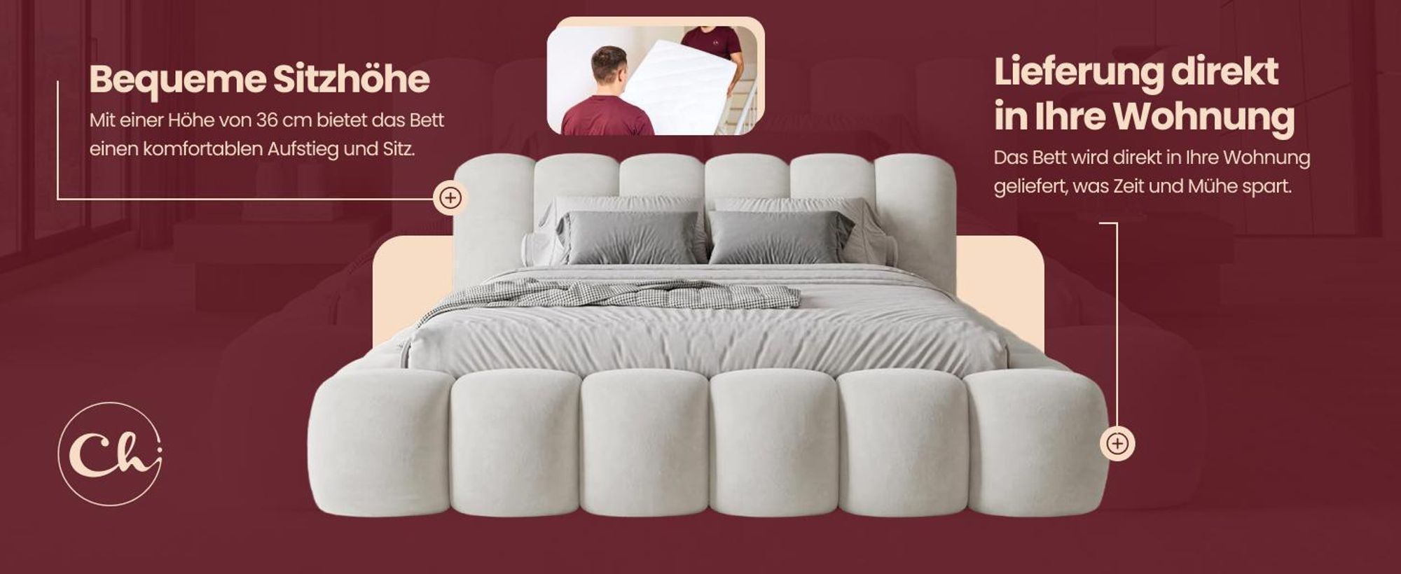 Chilly Design Polsterbett Stone Hellgrau Bouclé Stoff 200x200 cm mit Stauraum Quelle 83