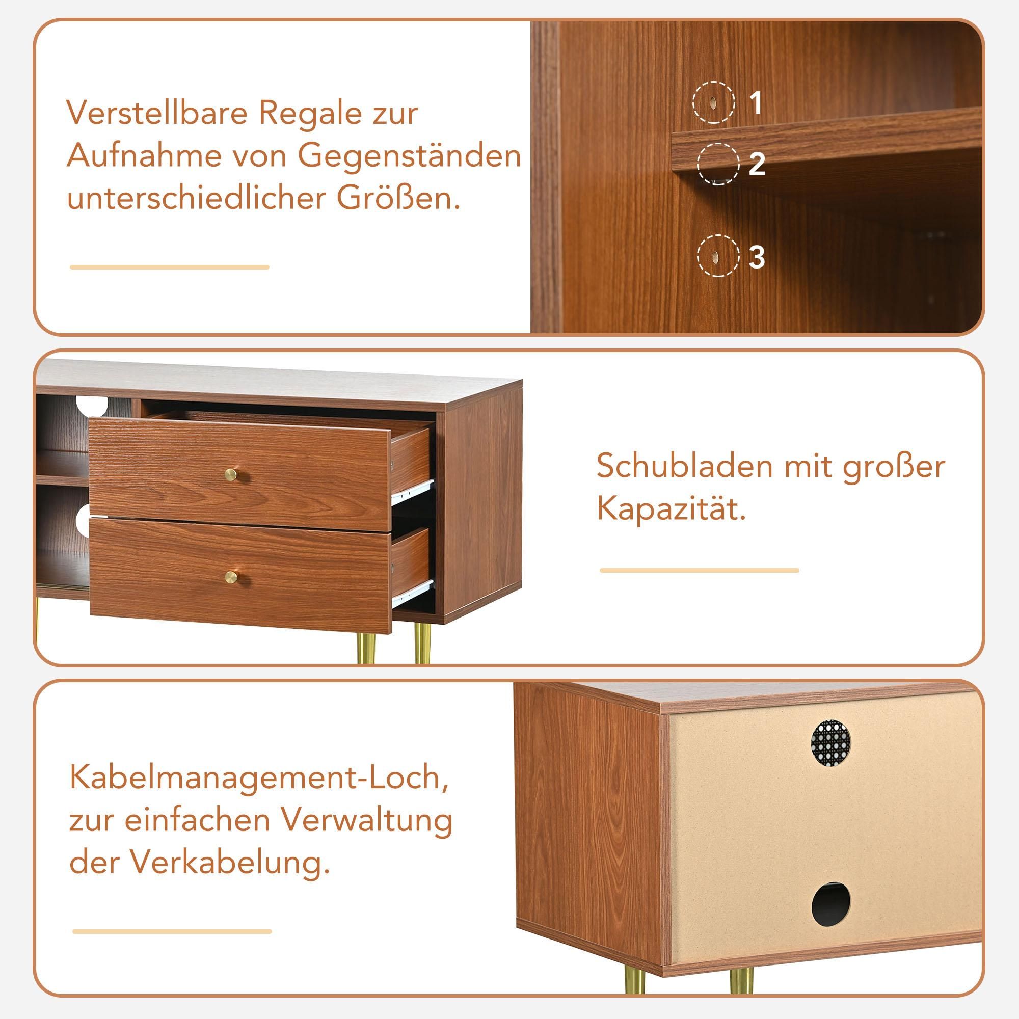 Merax TV-Lowboard mit 2 Schubladen und 2 Schiebetüren, TV-Schrank mit Rattan Geflecht und Metallfüße, 160*40*60cm, Vintage Braun