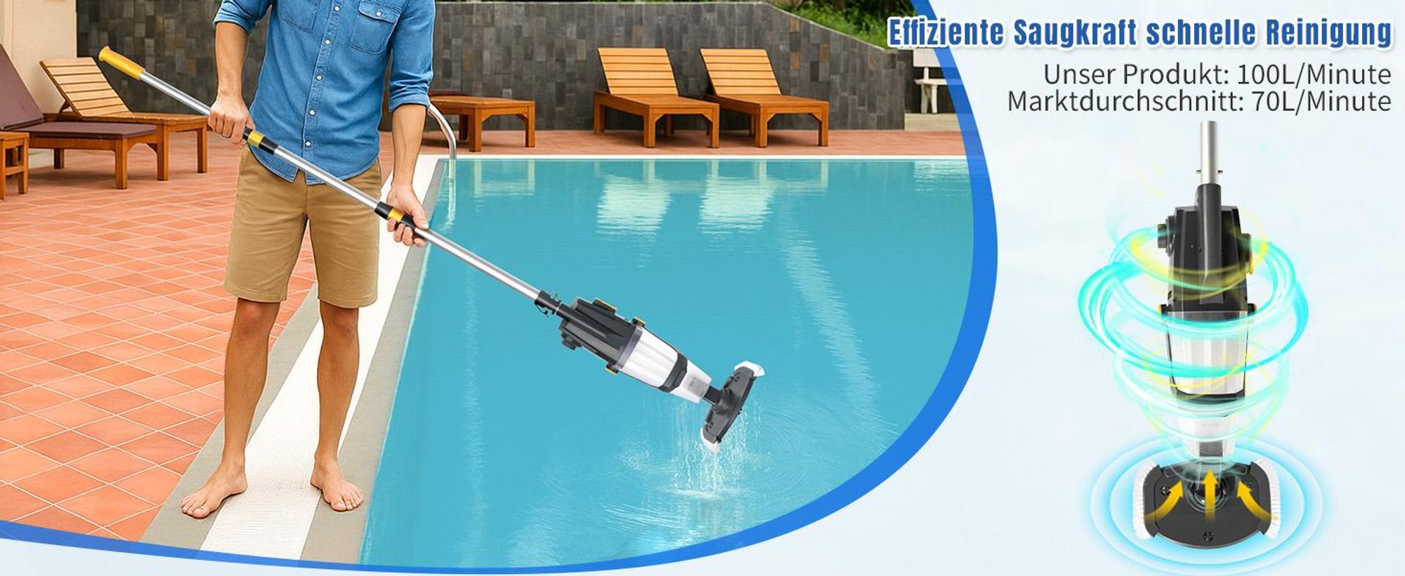 FCH Poolsauger, Kabelloser Akku Poolsauger mit Teleskopstange, Starke Saugkraft, Lange Laufzeit, 33W, Orange