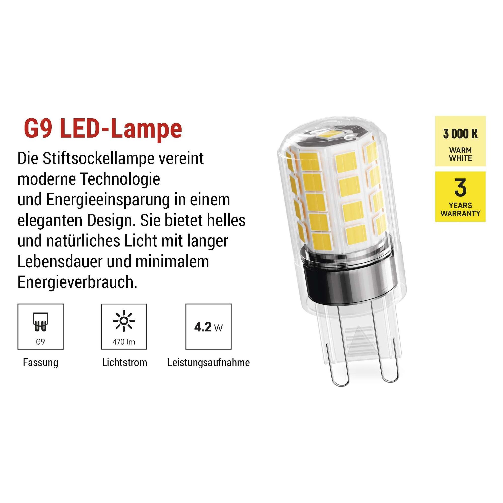 EMOS G9 LED Lampe CLASSIC, 4,2 W ersetzt 40 Watt Halogenlampe, G9 Pin Lampe JC mit Helligkeit 470 Lumen, Warmweiß 3000 Kelvin, langlebig, ZQ9E22